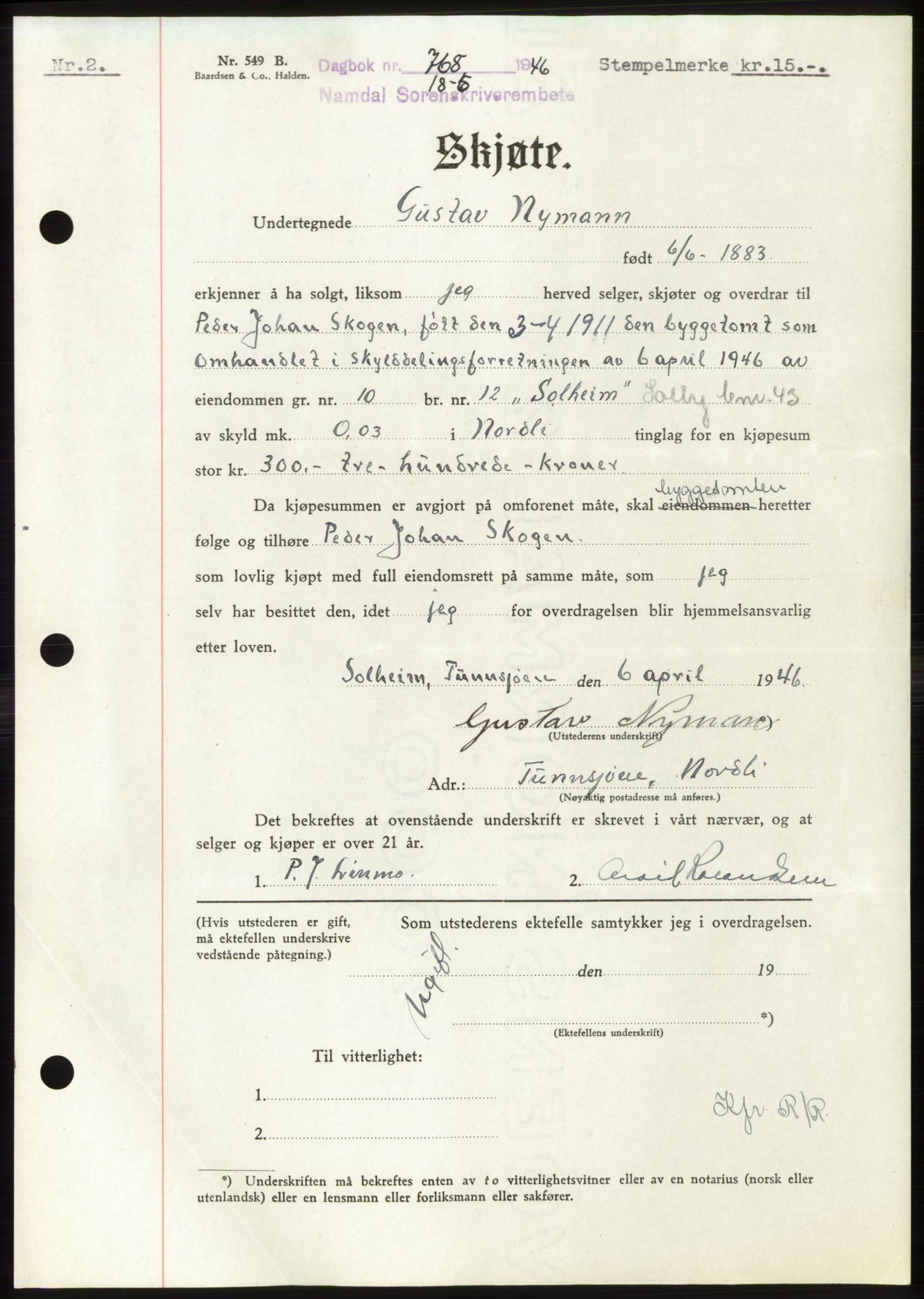 Namdal sorenskriveri, SAT/A-4133/1/2/2C: Pantebok nr. -, 1946-1946, Dagboknr: 768/1946