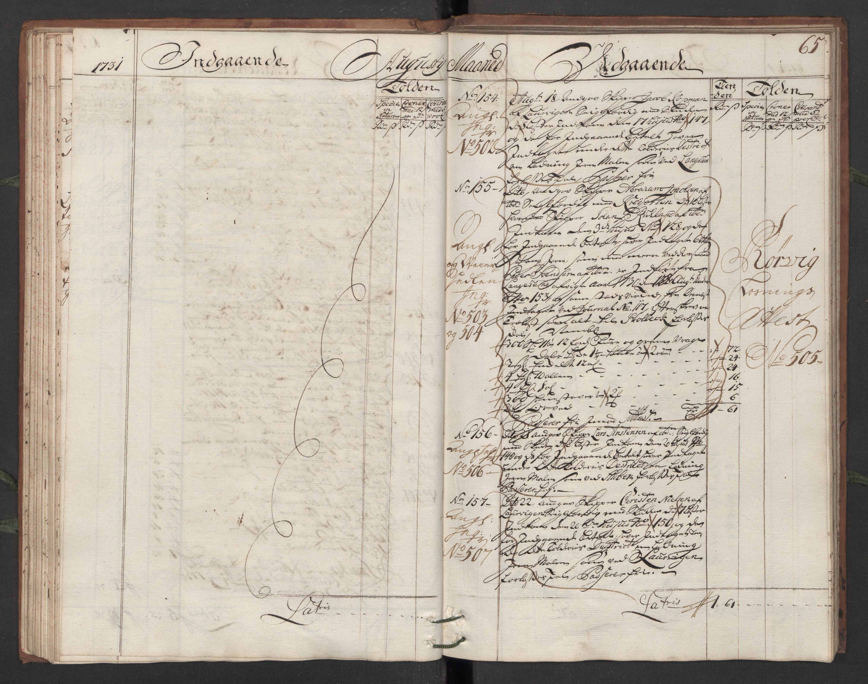 Generaltollkammeret, tollregnskaper, AV/RA-EA-5490/R13/L0006/0001: Tollregnskaper Kragerø / Hovedtollbok, 1731, s. 64b-65a