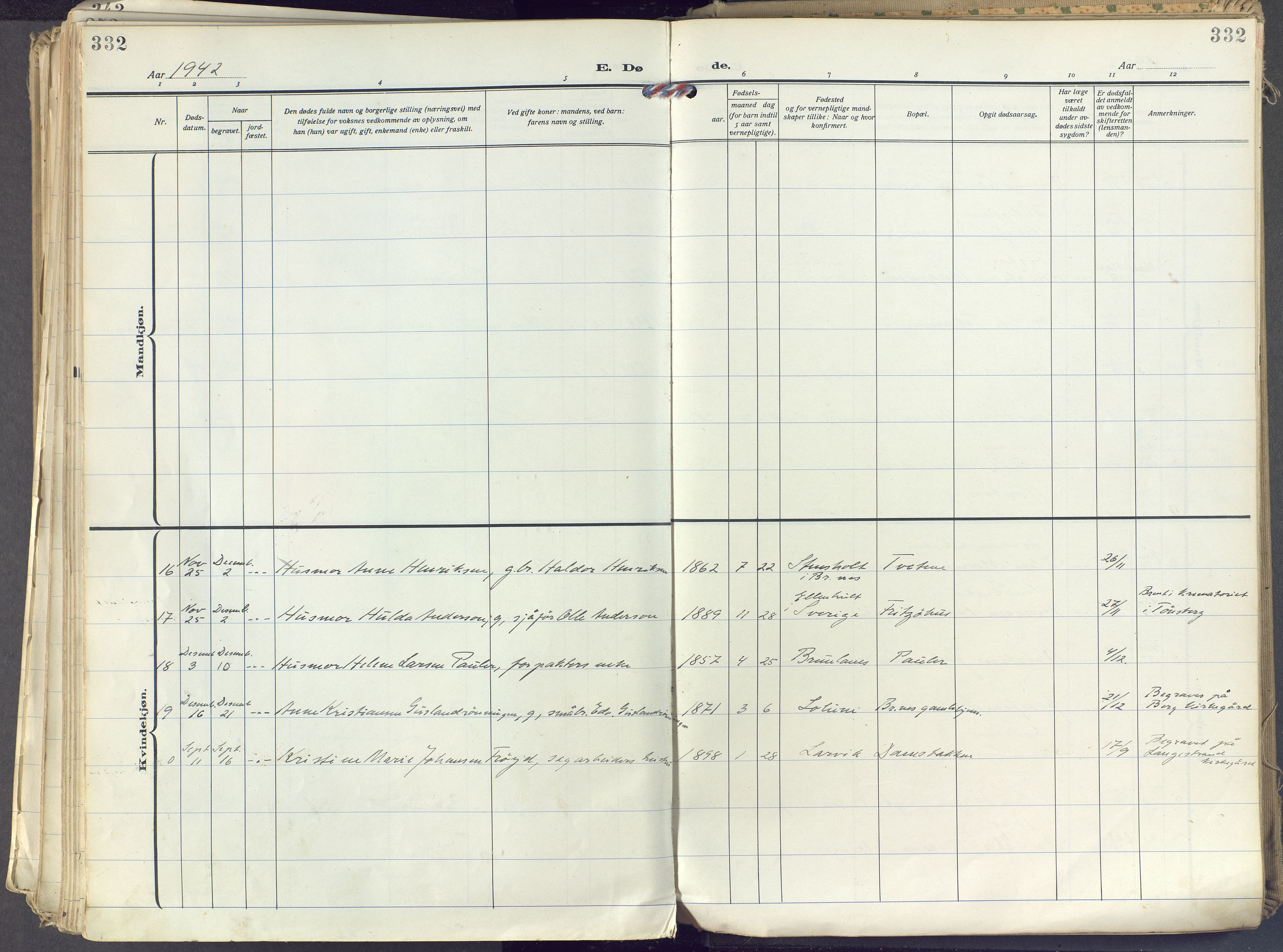 Brunlanes kirkebøker, SAKO/A-342/F/Fc/L0004: Ministerialbok nr. III 4, 1923-1943, s. 332