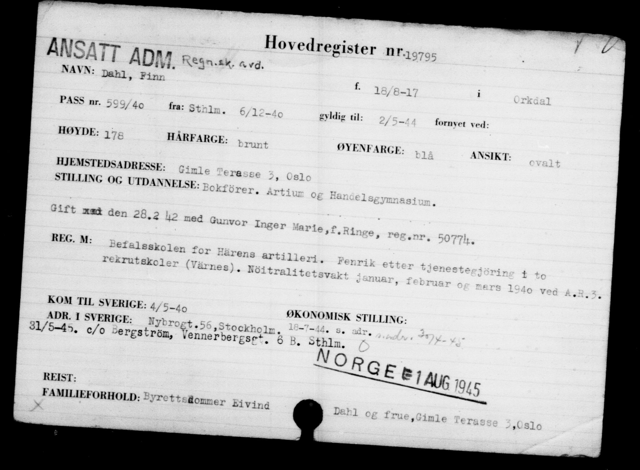 Utenriksstasjonene, Legasjonen i Stockholm, Flyktningkontoret, AV/RA-S-6753/V/Va/L0009: Kjesäterkartoteket, flyktninger med registreringsnr. 18502-22048, 1940-1945, s. 1450