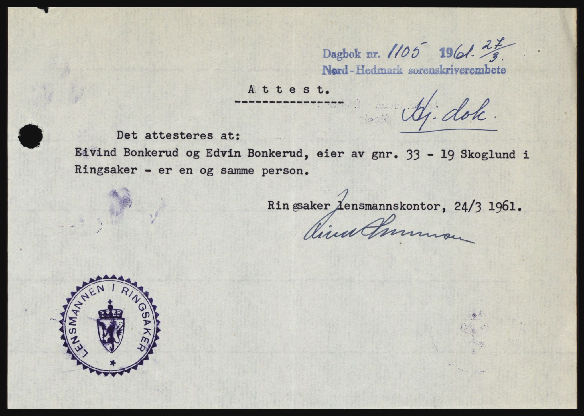 Nord-Hedmark sorenskriveri, SAH/TING-012/H/Hc/L0015: Pantebok nr. 15, 1961-1961, Dagboknr: 1105/1961