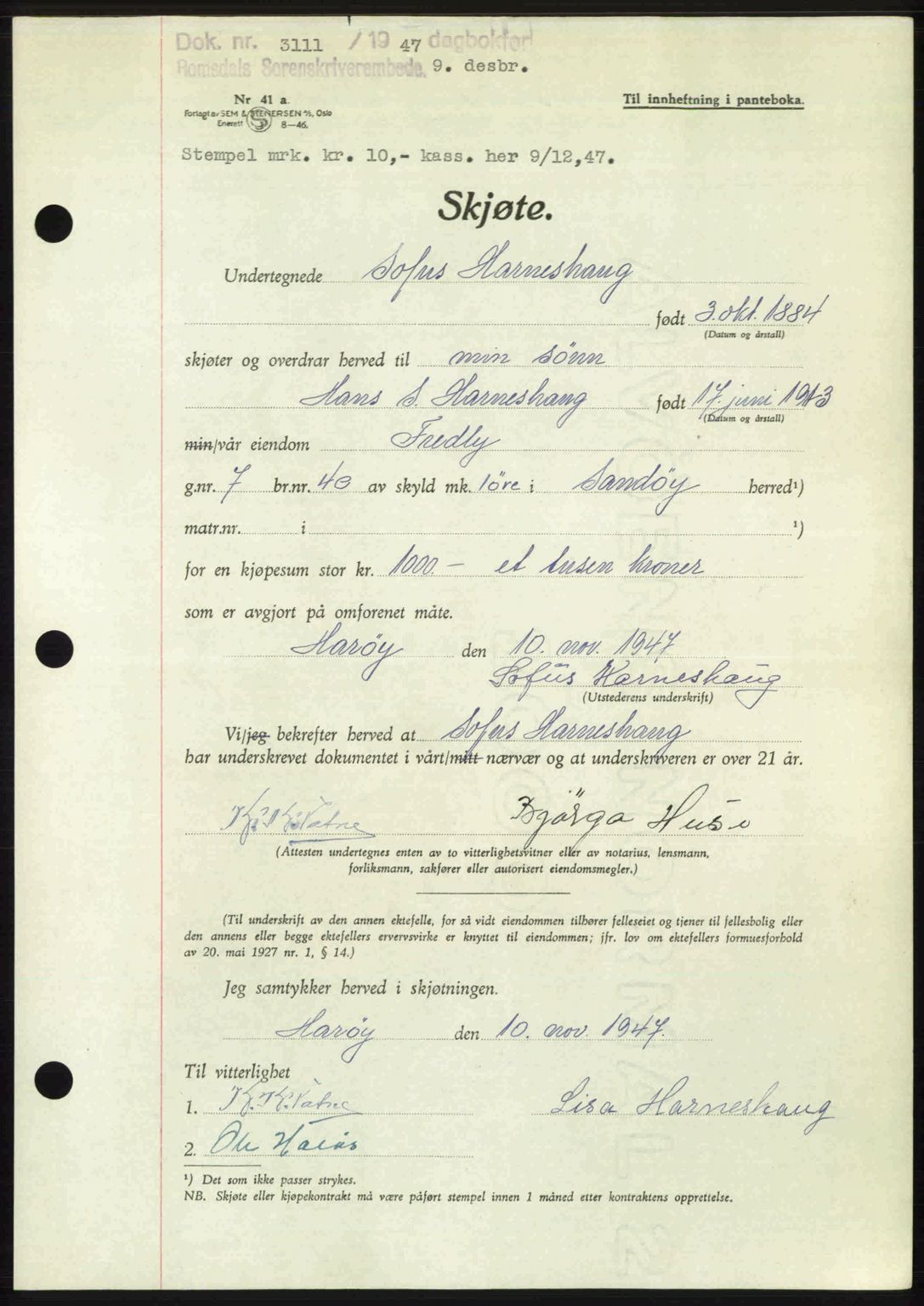 Romsdal sorenskriveri, AV/SAT-A-4149/1/2/2C: Pantebok nr. A24, 1947-1947, Dagboknr: 3111/1947