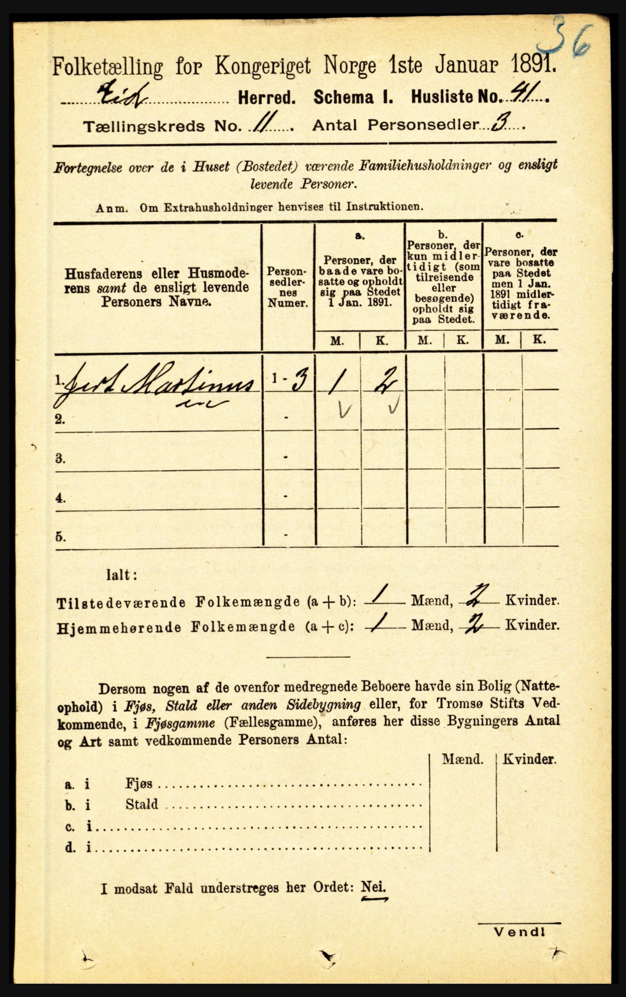 RA, Folketelling 1891 for 1443 Eid herred, 1891, s. 3606