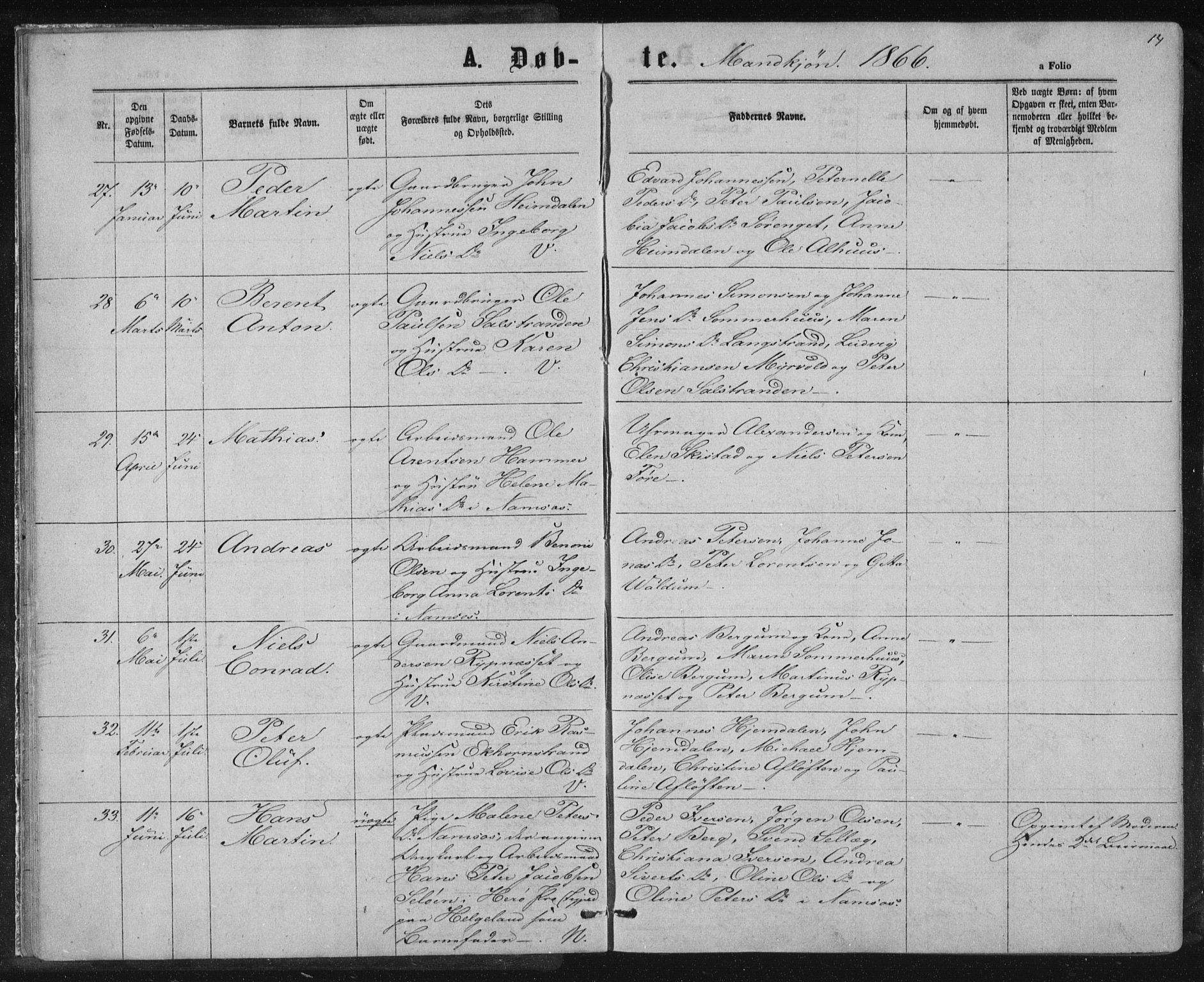 Ministerialprotokoller, klokkerbøker og fødselsregistre - Nord-Trøndelag, AV/SAT-A-1458/768/L0570: Ministerialbok nr. 768A05, 1865-1874, s. 14