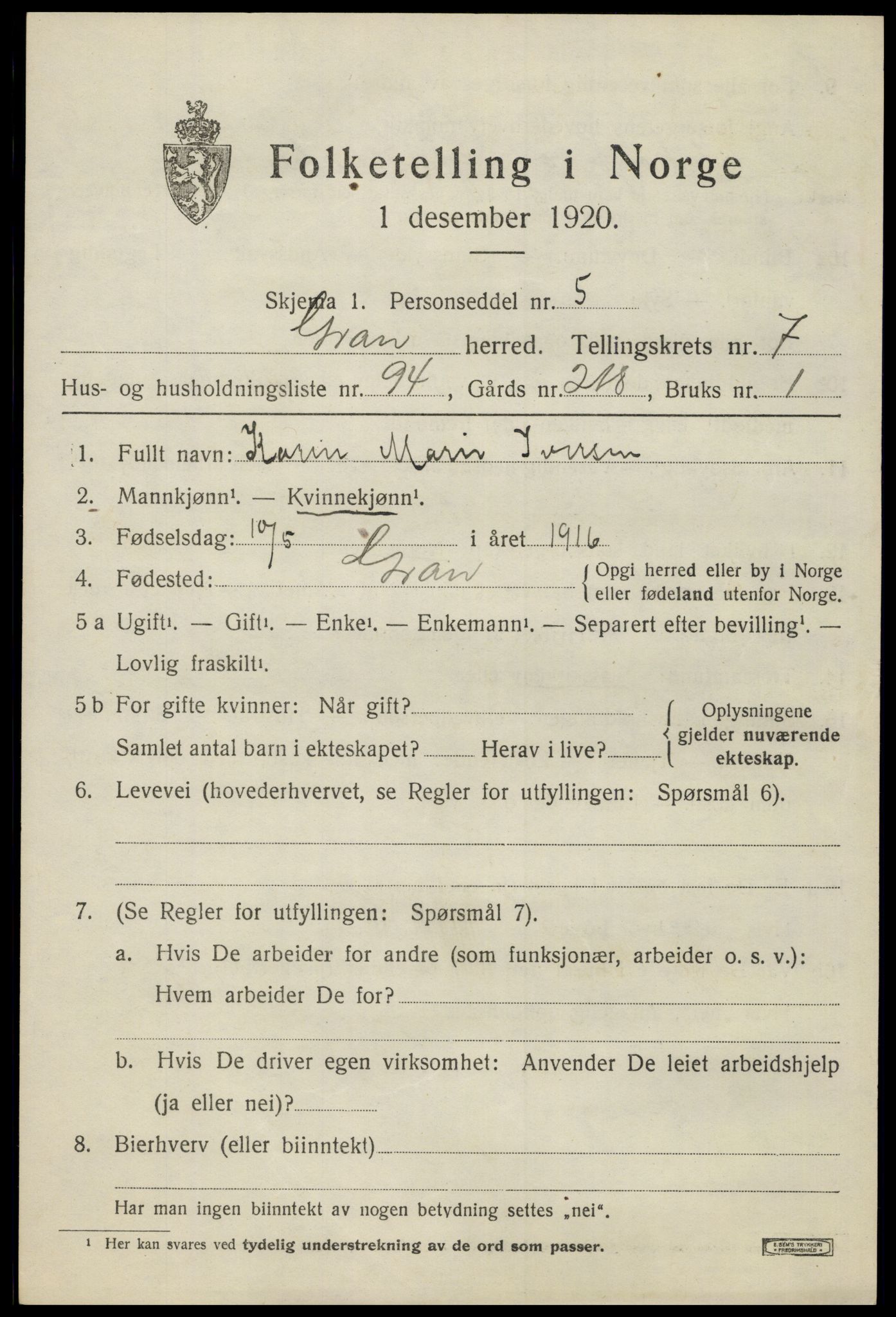 SAH, Folketelling 1920 for 0534 Gran herred, 1920, s. 10476