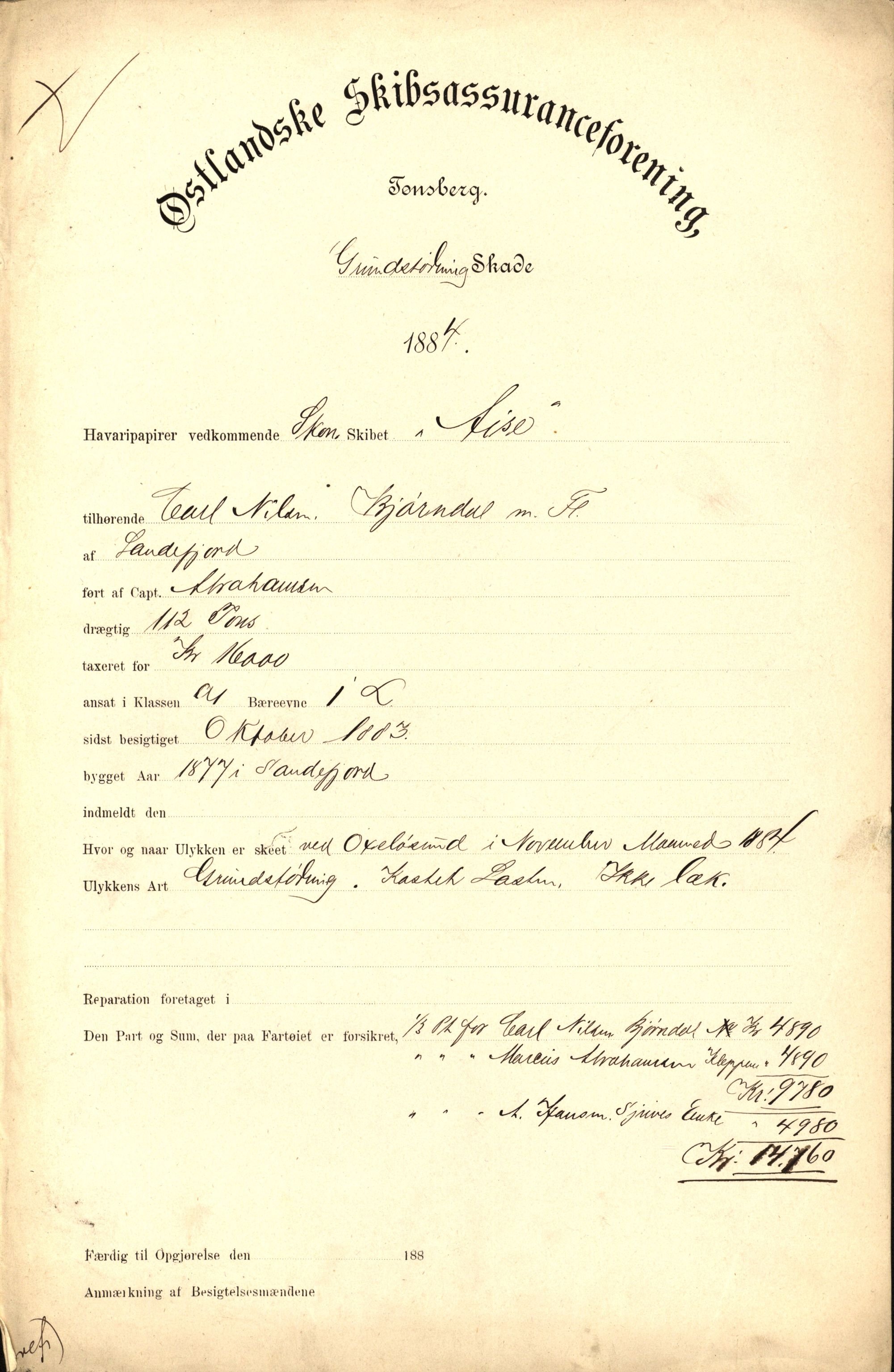 Pa 63 - Østlandske skibsassuranceforening, VEMU/A-1079/G/Ga/L0017/0003: Havaridokumenter / Alma, Aise, Ole Bull, Tellus, Frank, 1884, s. 2