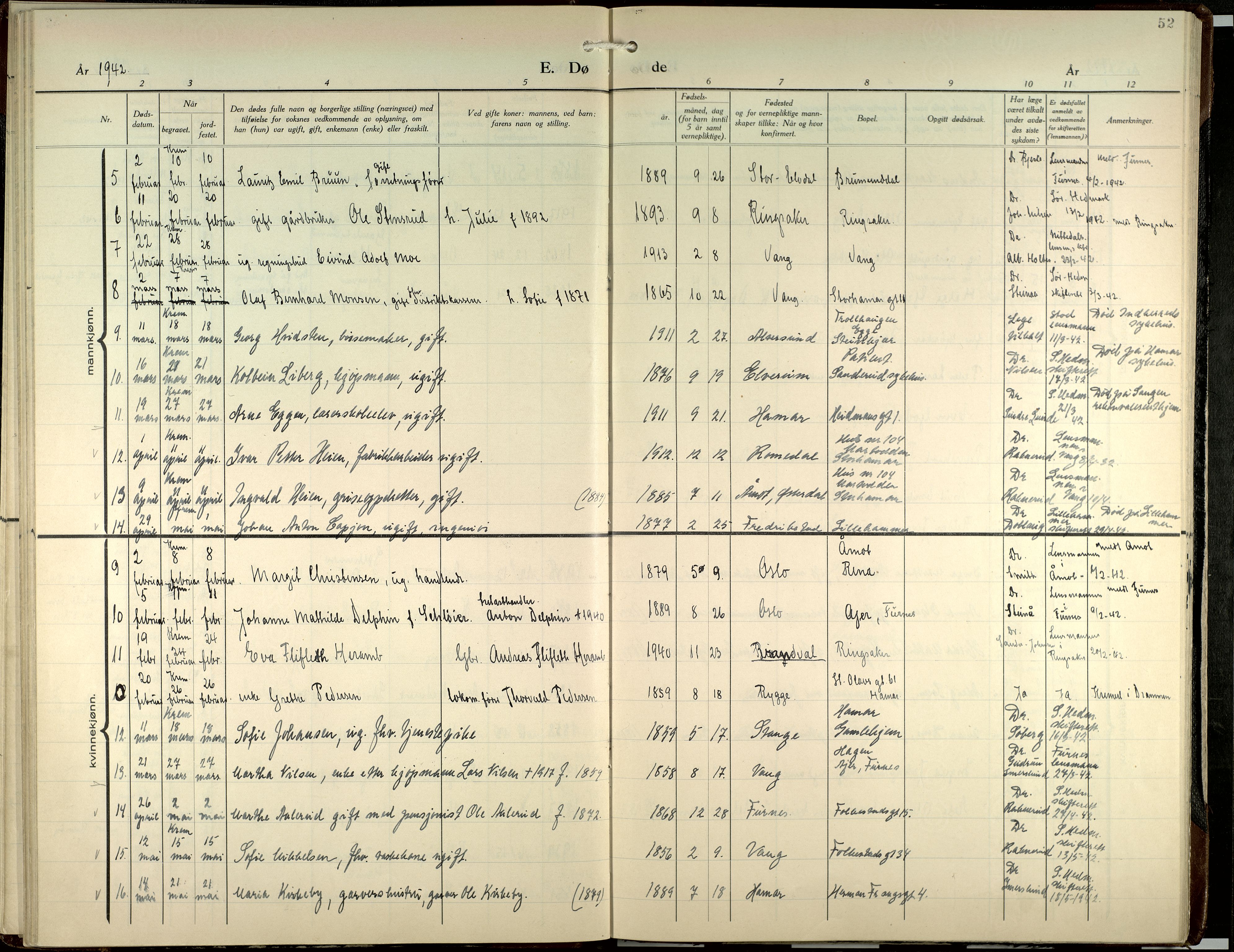 Hamar prestekontor, AV/SAH-DOMPH-002/H/Ha/Haa/L0007: Ministerialbok nr. 7, 1933-1953, s. 52
