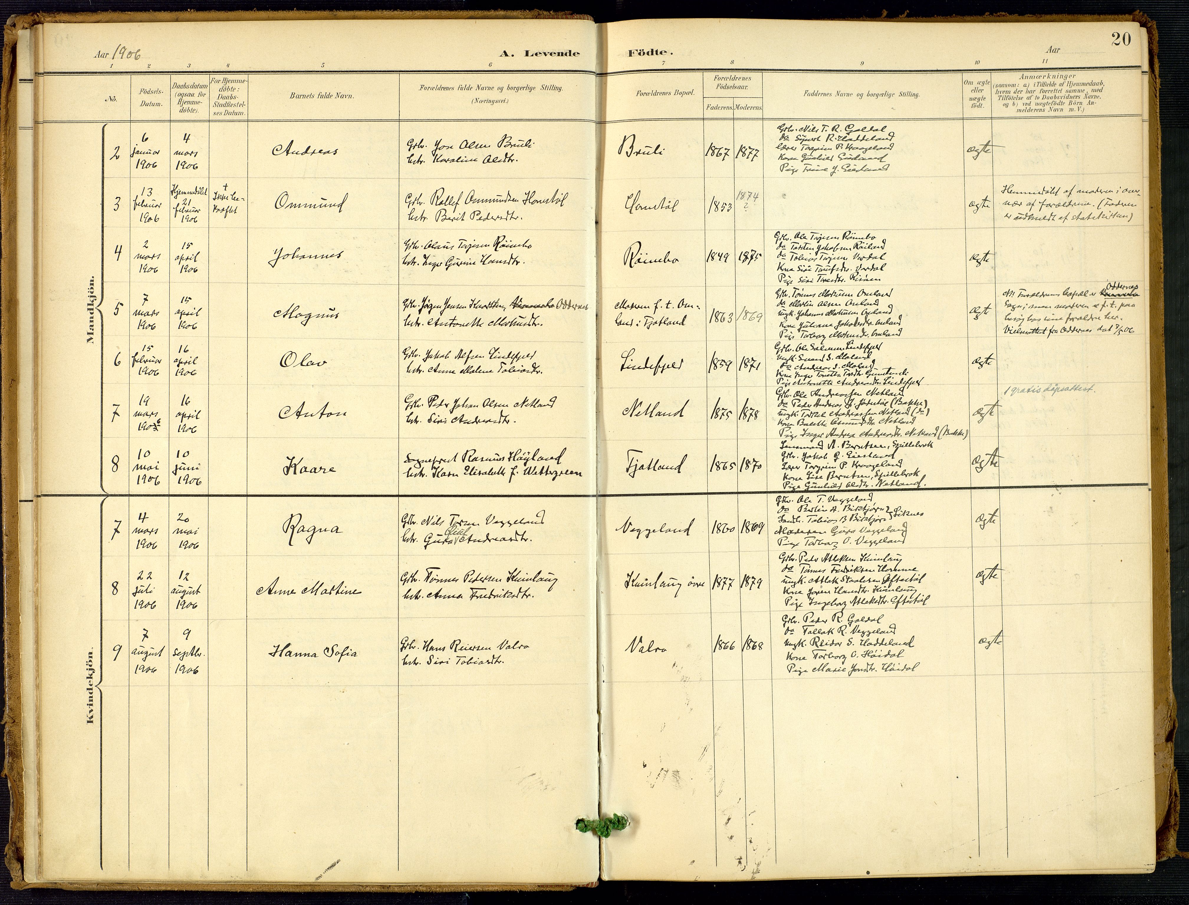 Fjotland sokneprestkontor, AV/SAK-1111-0010/F/Fa/L0003: Ministerialbok nr. A 3, 1899-1917, s. 20