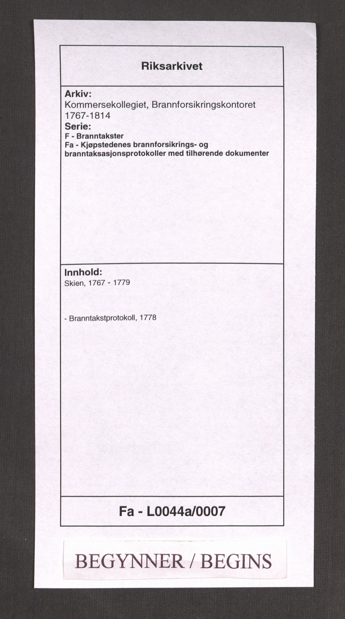 Kommersekollegiet, Brannforsikringskontoret 1767-1814, RA/EA-5458/F/Fa/L0044a/0007: Skien / Branntakstprotokoll, 1778