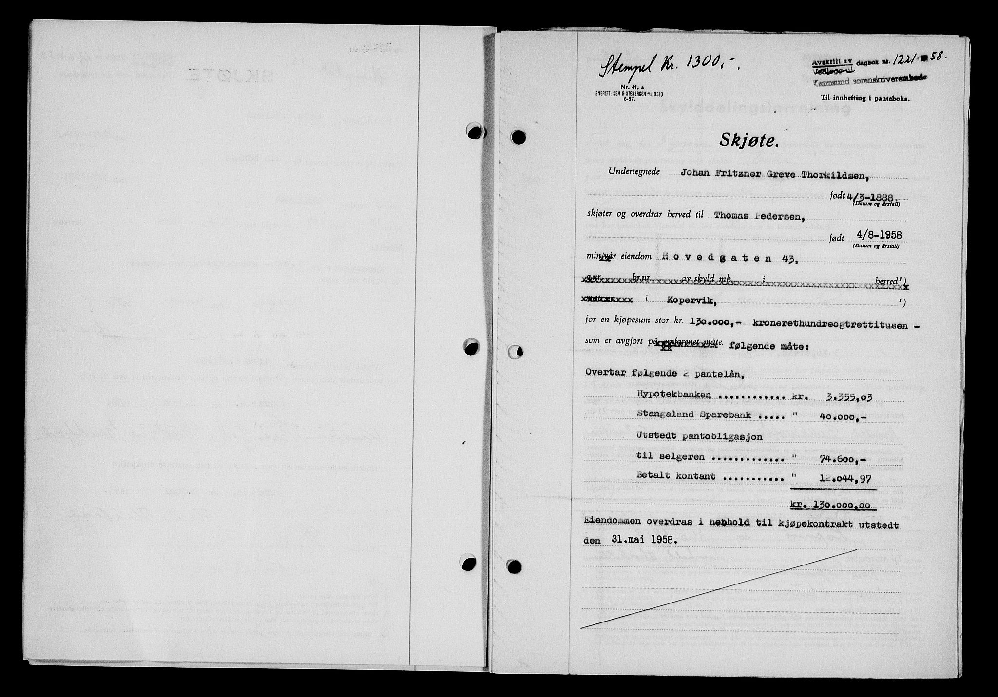 Karmsund sorenskriveri, SAST/A-100311/01/II/IIB/L0128: Pantebok nr. 108A, 1958-1958, Dagboknr: 1221/1958