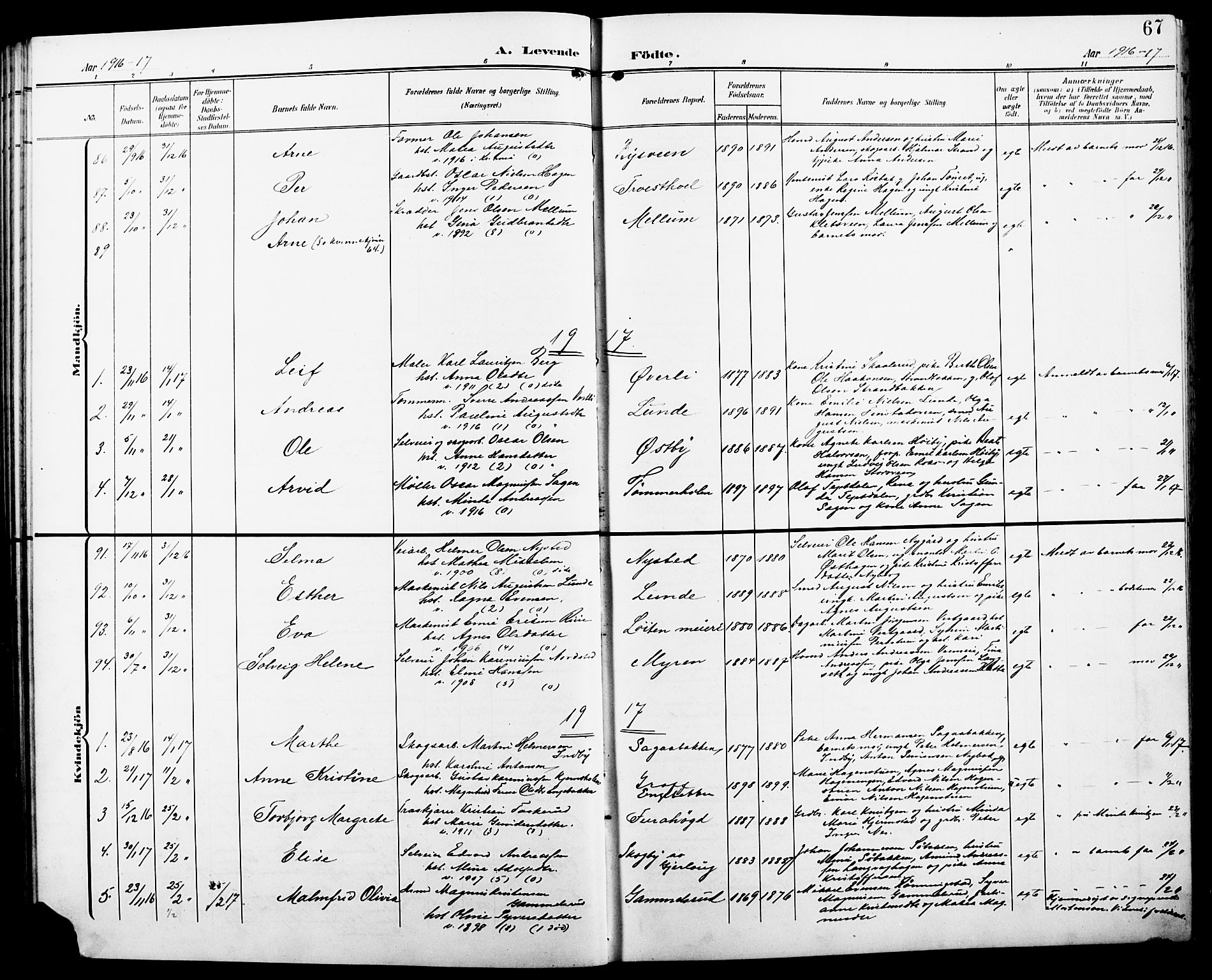 Løten prestekontor, AV/SAH-PREST-022/L/La/L0007: Klokkerbok nr. 7, 1910-1919, s. 67