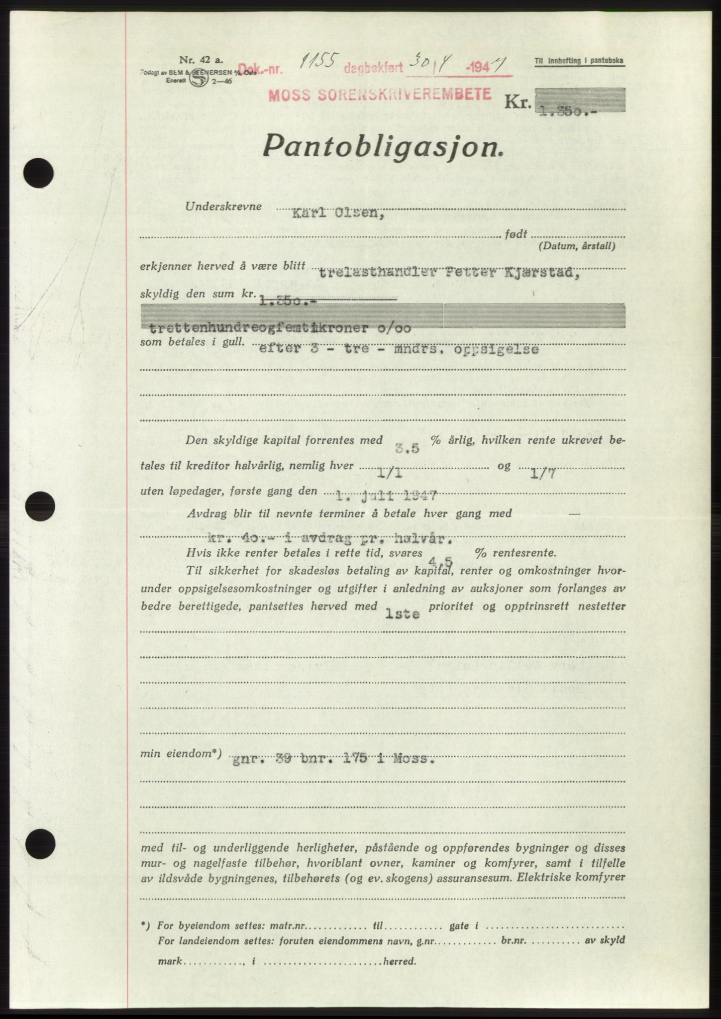 Moss sorenskriveri, SAO/A-10168: Pantebok nr. B17, 1947-1947, Dagboknr: 1155/1947