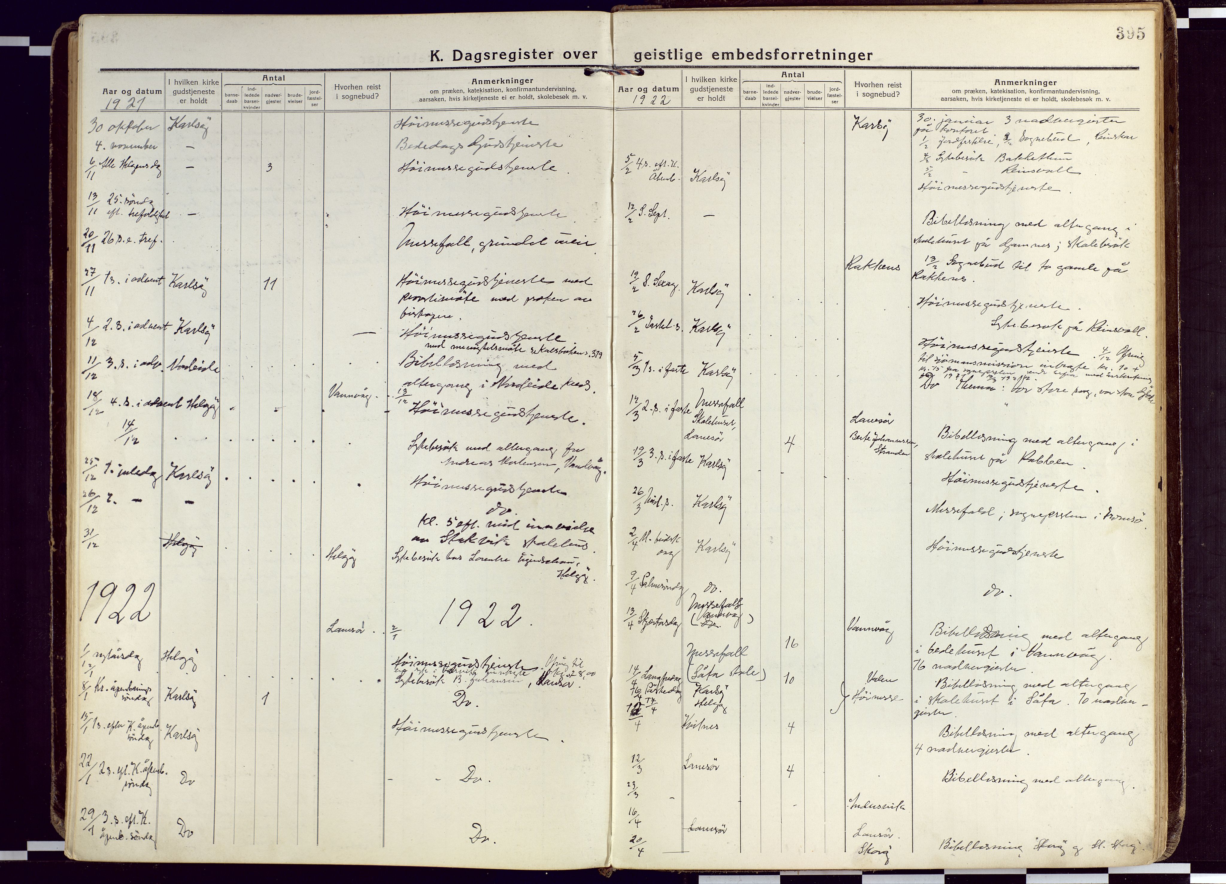 Karlsøy sokneprestembete, AV/SATØ-S-1299/H/Ha/Haa/L0015kirke: Ministerialbok nr. 15, 1918-1929, s. 395