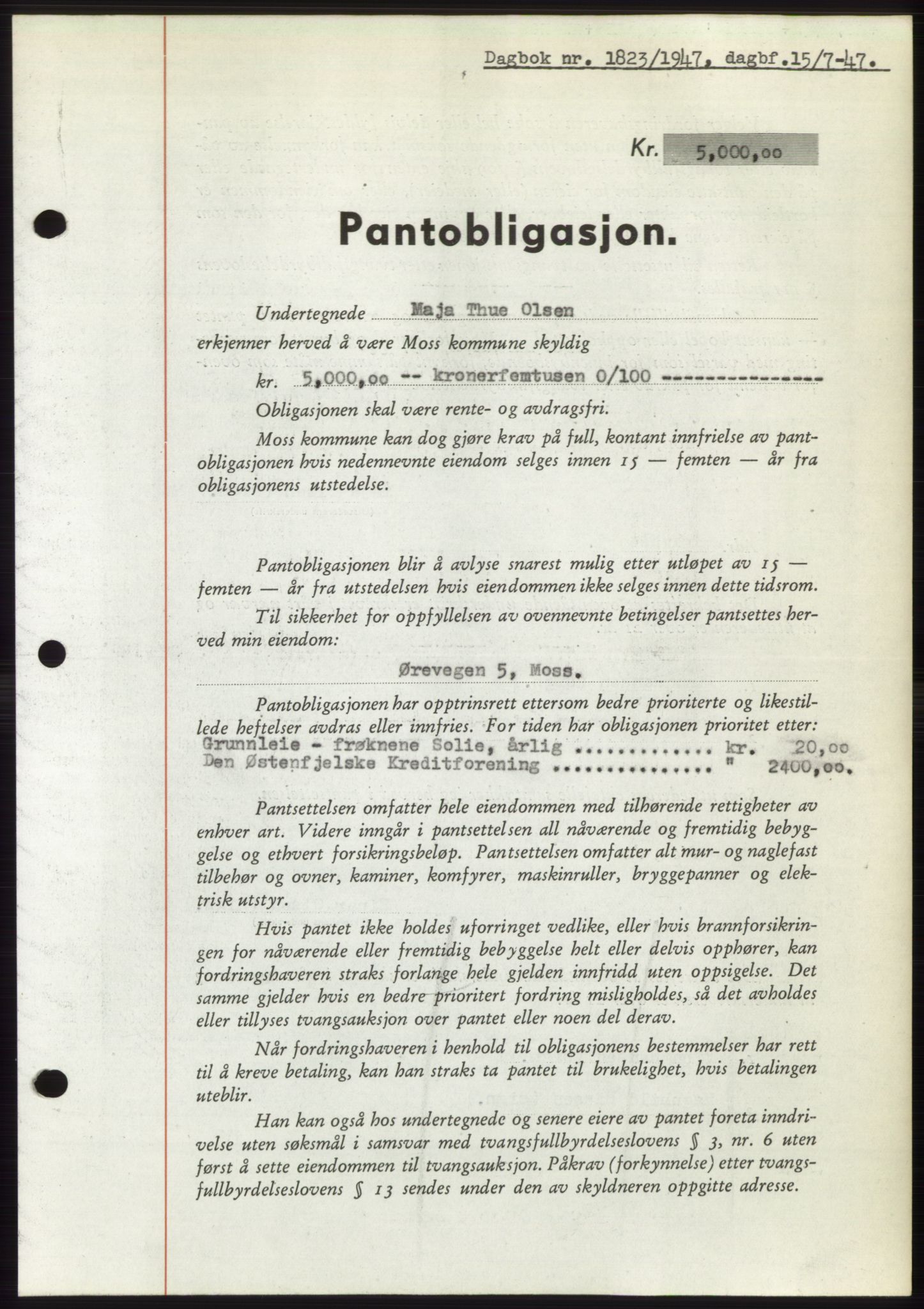 Moss sorenskriveri, SAO/A-10168: Pantebok nr. B17, 1947-1947, Dagboknr: 1823/1947