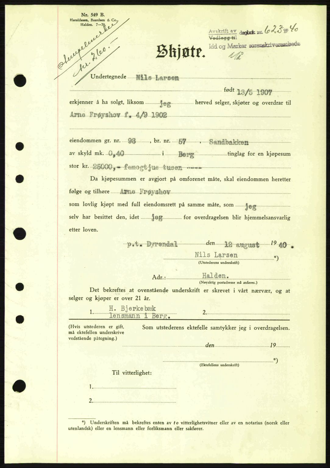 Idd og Marker sorenskriveri, AV/SAO-A-10283/G/Gb/Gbb/L0004: Pantebok nr. A4, 1940-1941, Dagboknr: 623/1940