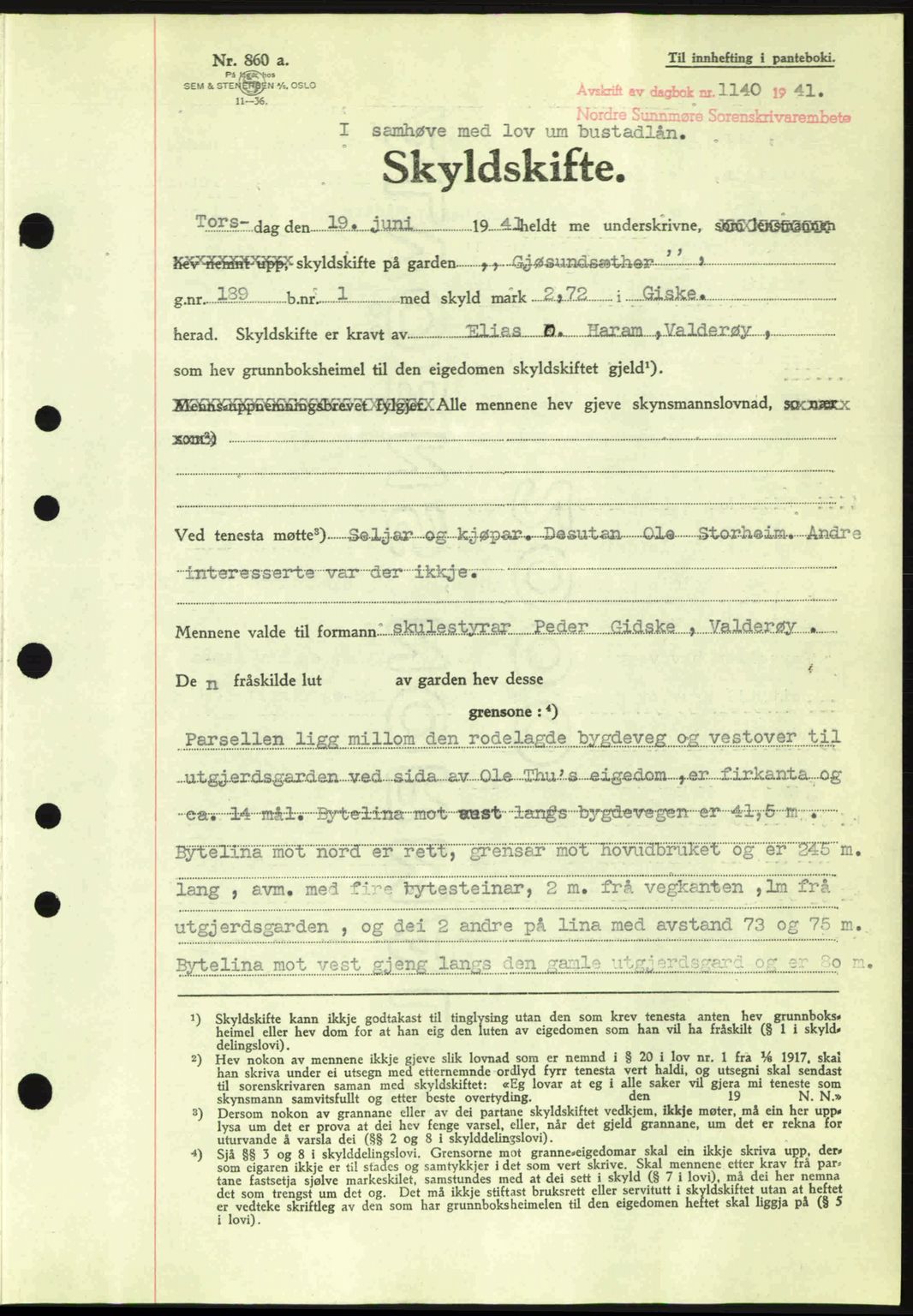 Nordre Sunnmøre sorenskriveri, SAT/A-0006/1/2/2C/2Ca: Pantebok nr. A11, 1941-1941, Dagboknr: 1140/1941