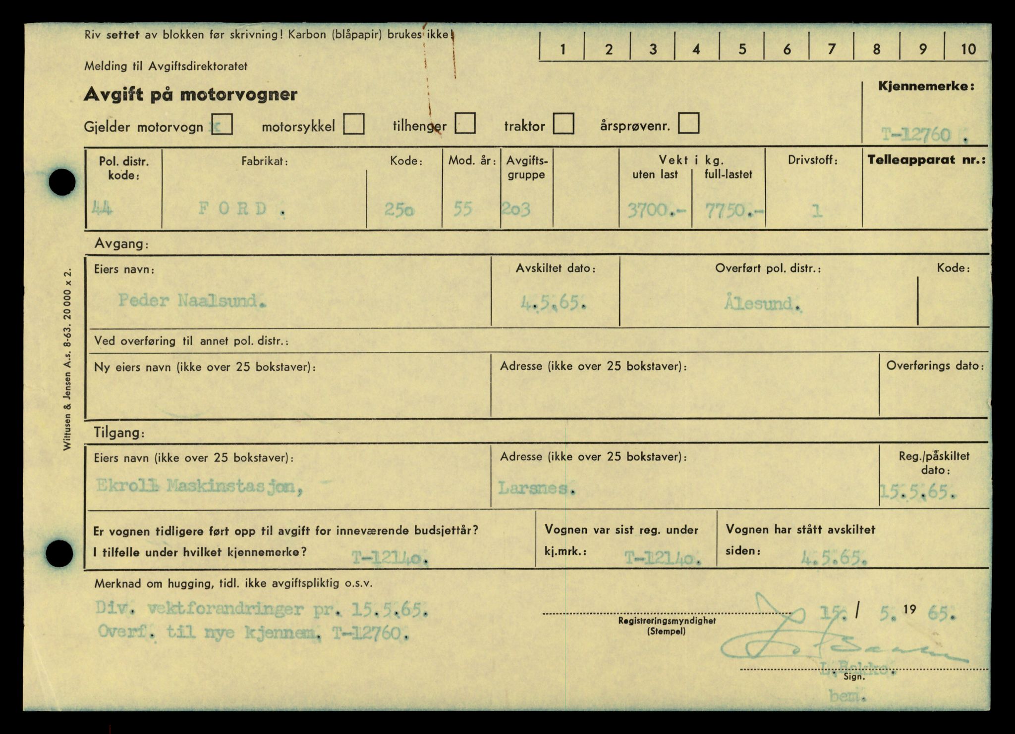 Møre og Romsdal vegkontor - Ålesund trafikkstasjon, AV/SAT-A-4099/F/Fe/L0035: Registreringskort for kjøretøy T 12653 - T 12829, 1927-1998, s. 2560