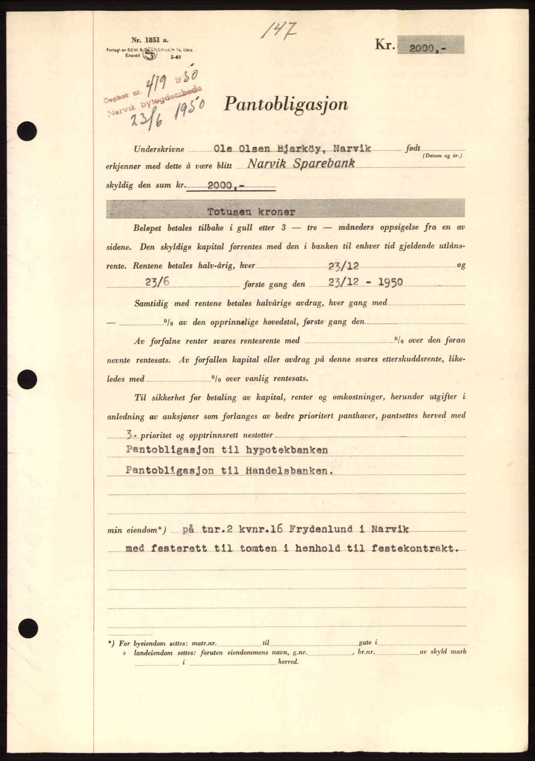 Narvik sorenskriveri, SAT/A-0002/1/2/2C/2Ca: Pantebok nr. A26, 1950-1950, Dagboknr: 419/1950