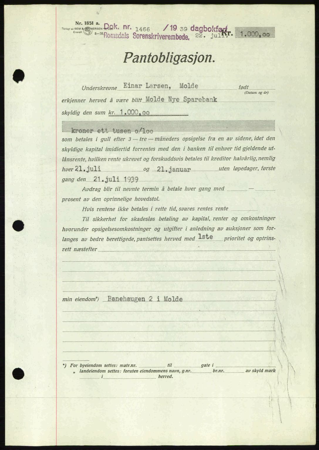 Romsdal sorenskriveri, SAT/A-4149/1/2/2C: Pantebok nr. B1, 1936-1939, Dagboknr: 1466/1939