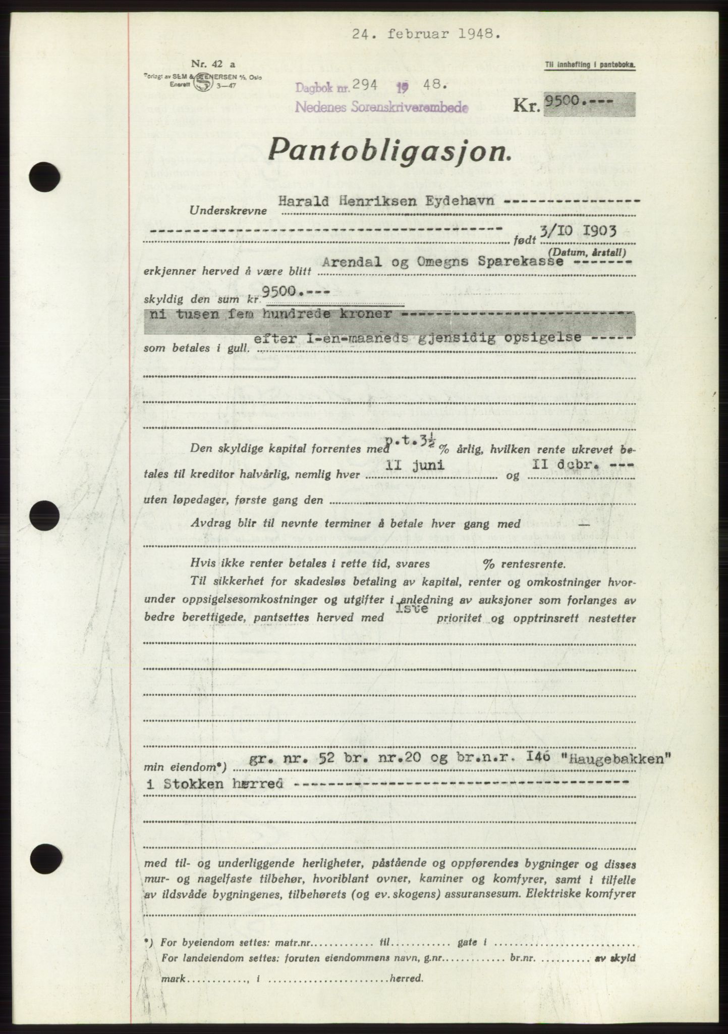 Nedenes sorenskriveri, AV/SAK-1221-0006/G/Gb/Gbb/L0005: Pantebok nr. B5, 1948-1948, Dagboknr: 294/1948