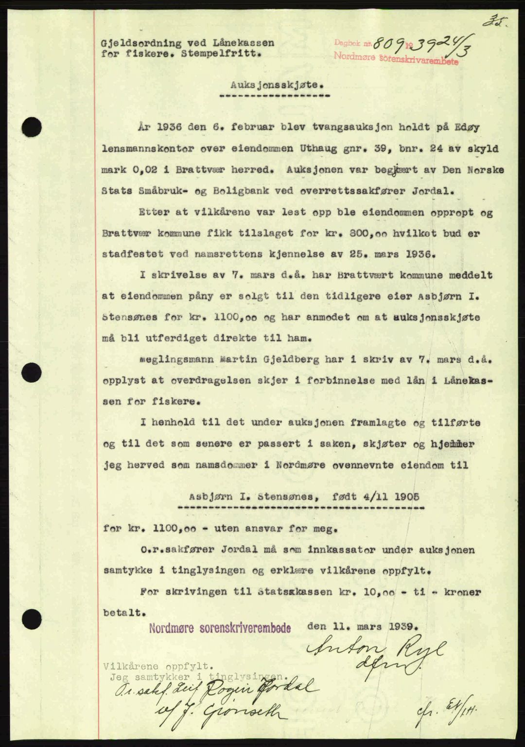 Nordmøre sorenskriveri, SAT/A-4132/1/2/2Ca: Pantebok nr. A86, 1939-1939, Dagboknr: 809/1939