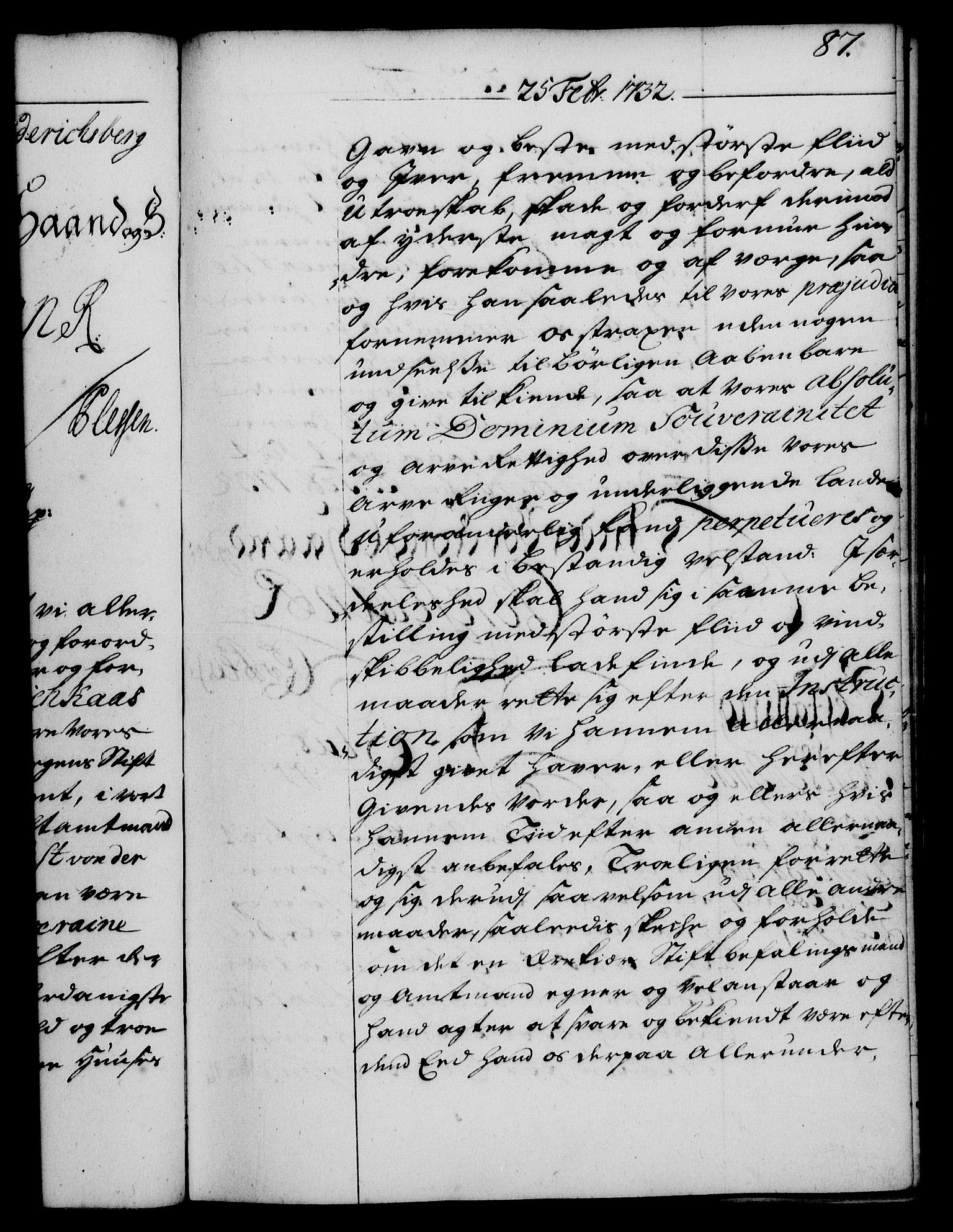 Rentekammeret, Kammerkanselliet, RA/EA-3111/G/Gg/Gge/L0002: Norsk bestallingsprotokoll med register (merket RK 53.26), 1730-1744, s. 87