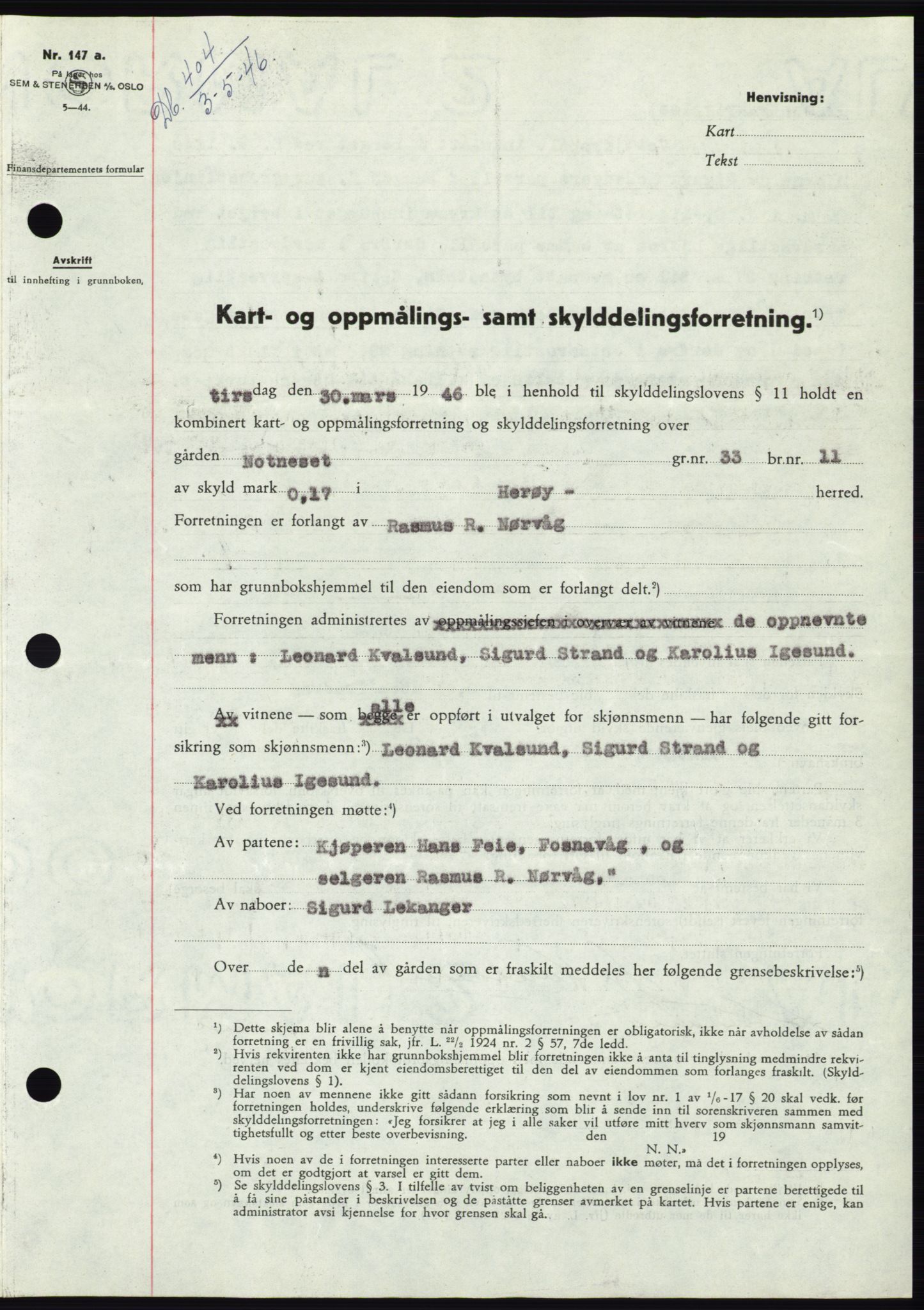 Søre Sunnmøre sorenskriveri, SAT/A-4122/1/2/2C/L0078: Pantebok nr. 4A, 1946-1946, Dagboknr: 404/1946
