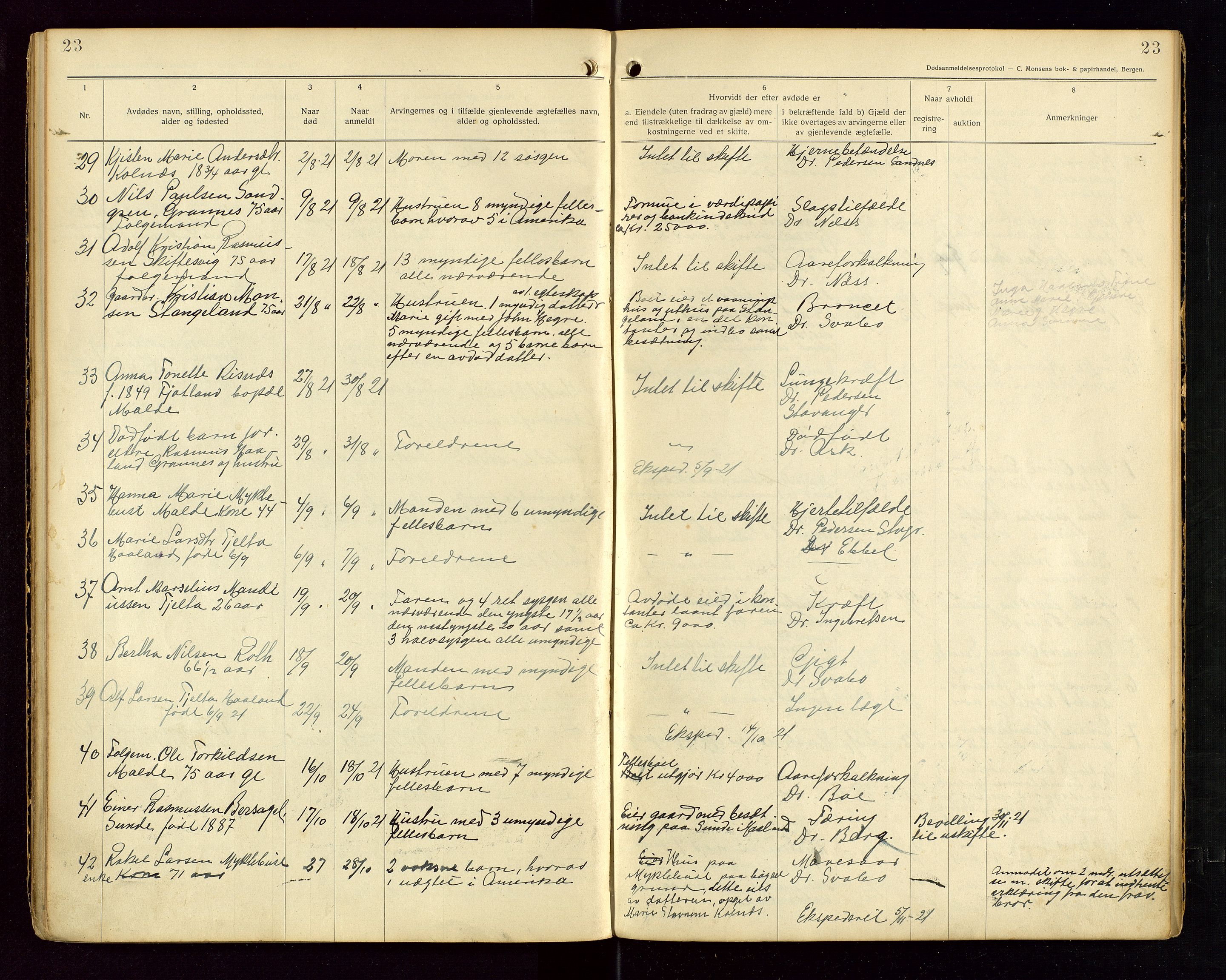 Håland lensmannskontor, SAST/A-100100/Gga/L0002: "Dødsanmeldelser fra 6/9 1916 til 1926 i Haaland", 1916-1926, s. 23