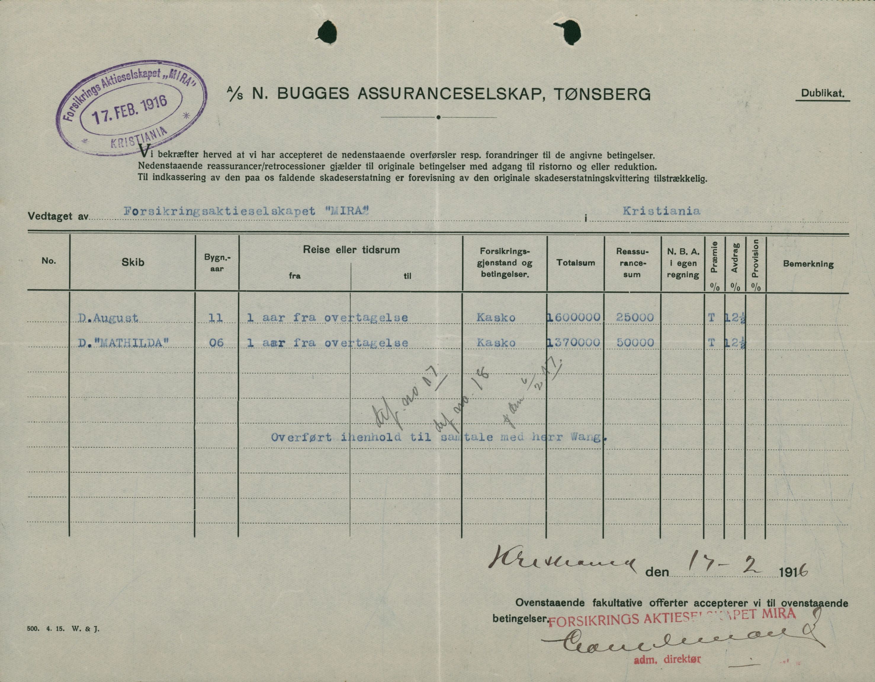 Pa 664 - Tønsberg Sjøforsikringsselskap, VEMU/A-1773/F/L0001: Forsikringspoliser, 1915-1918