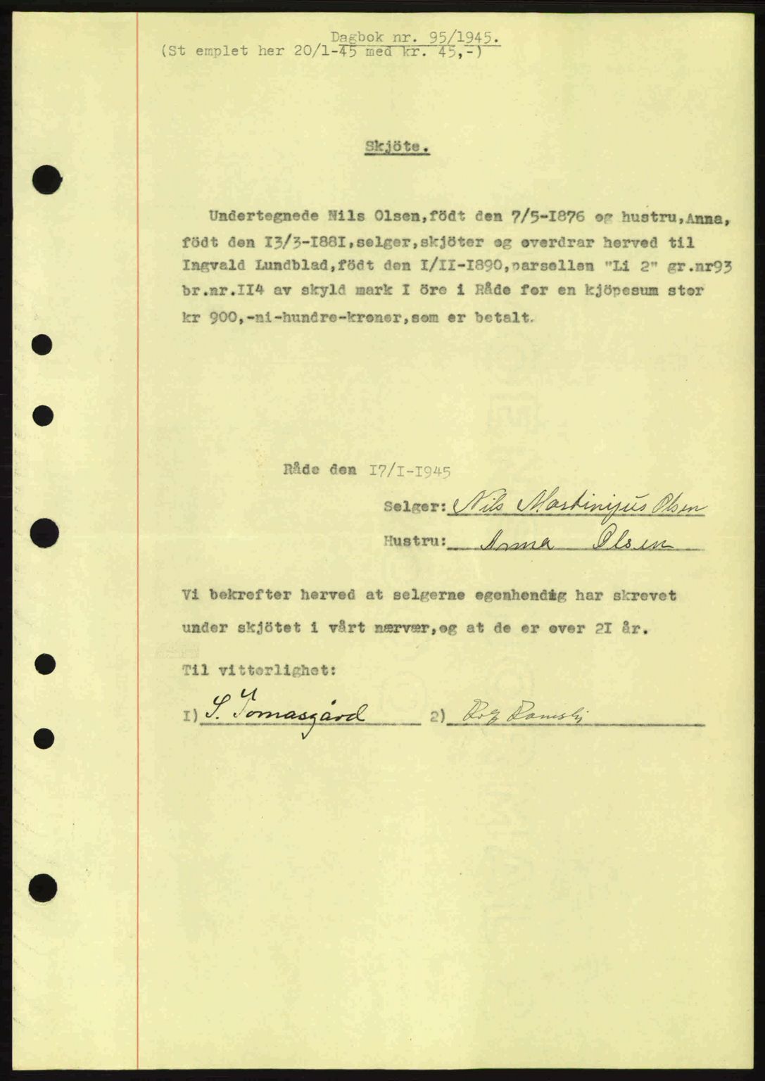 Moss sorenskriveri, SAO/A-10168: Pantebok nr. A13, 1944-1945, Dagboknr: 95/1945