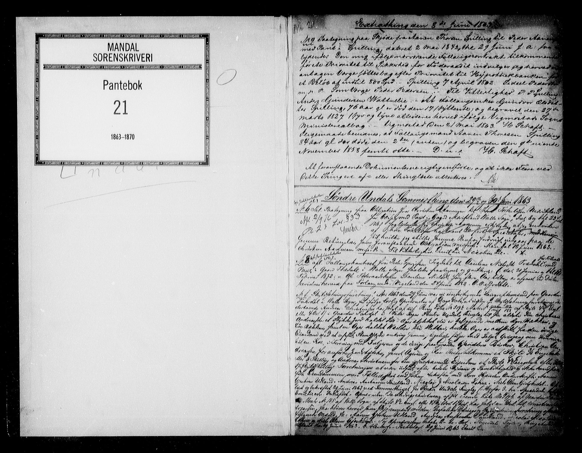 Mandal sorenskriveri, SAK/1221-0005/001/G/Gb/Gba/L0040: Pantebok nr. 21, 1863-1870, s. 1