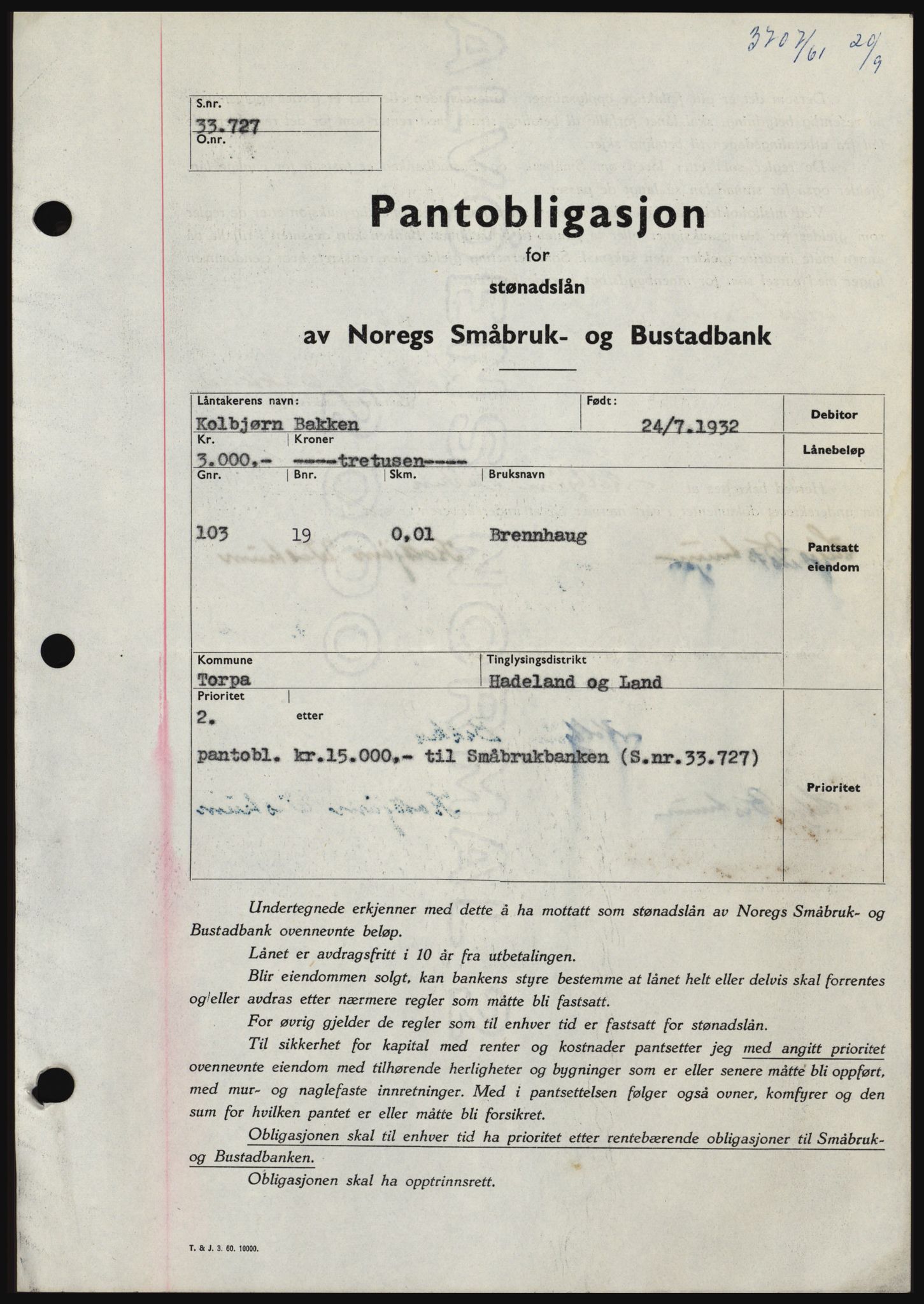 Hadeland og Land tingrett, SAH/TING-010/H/Hb/Hbc/L0047: Pantebok nr. B47, 1961-1962, Dagboknr: 3707/1961