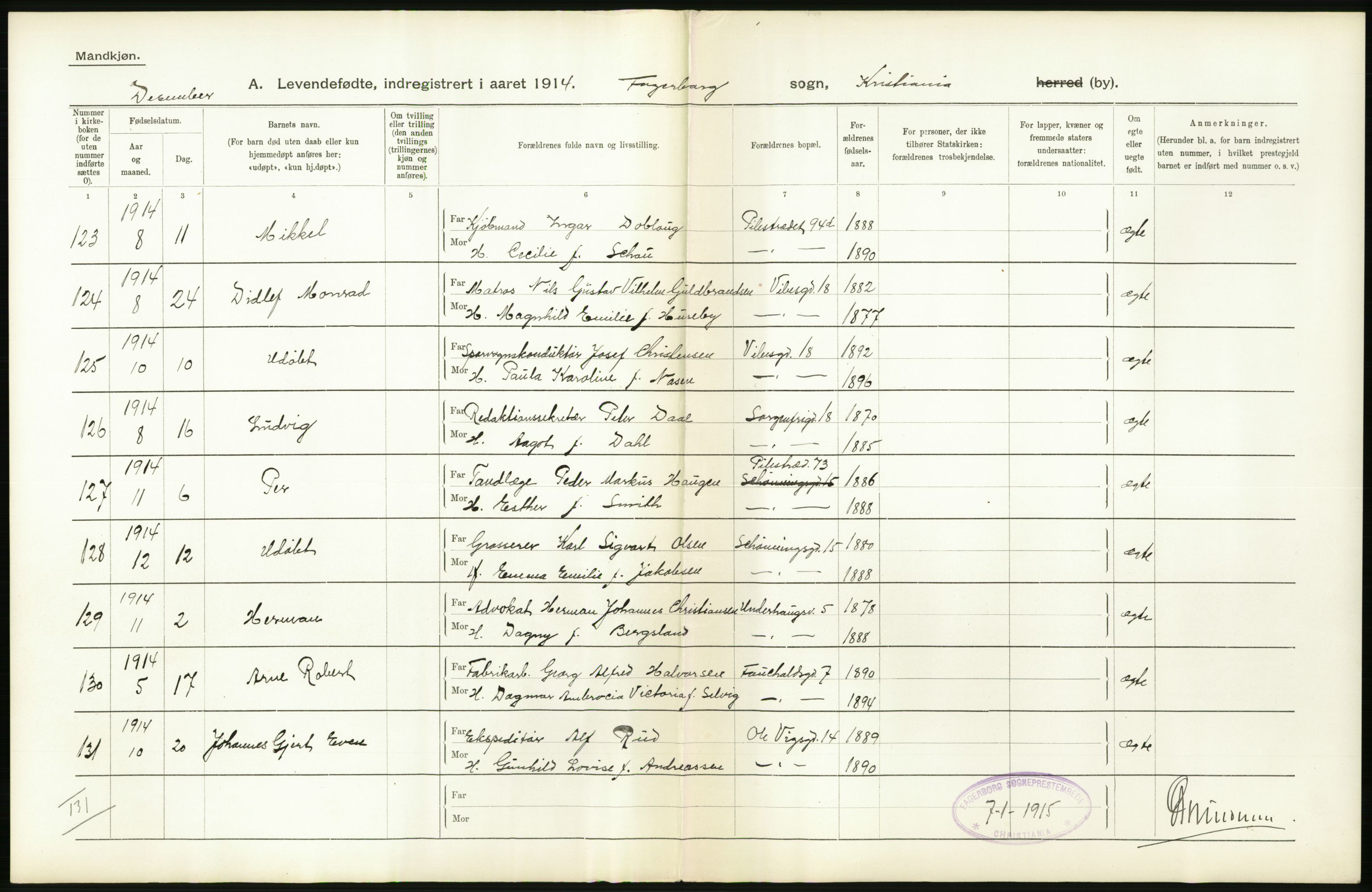 Statistisk sentralbyrå, Sosiodemografiske emner, Befolkning, AV/RA-S-2228/D/Df/Dfb/Dfbd/L0006: Kristiania: Levendefødte menn og kvinner., 1914, s. 82