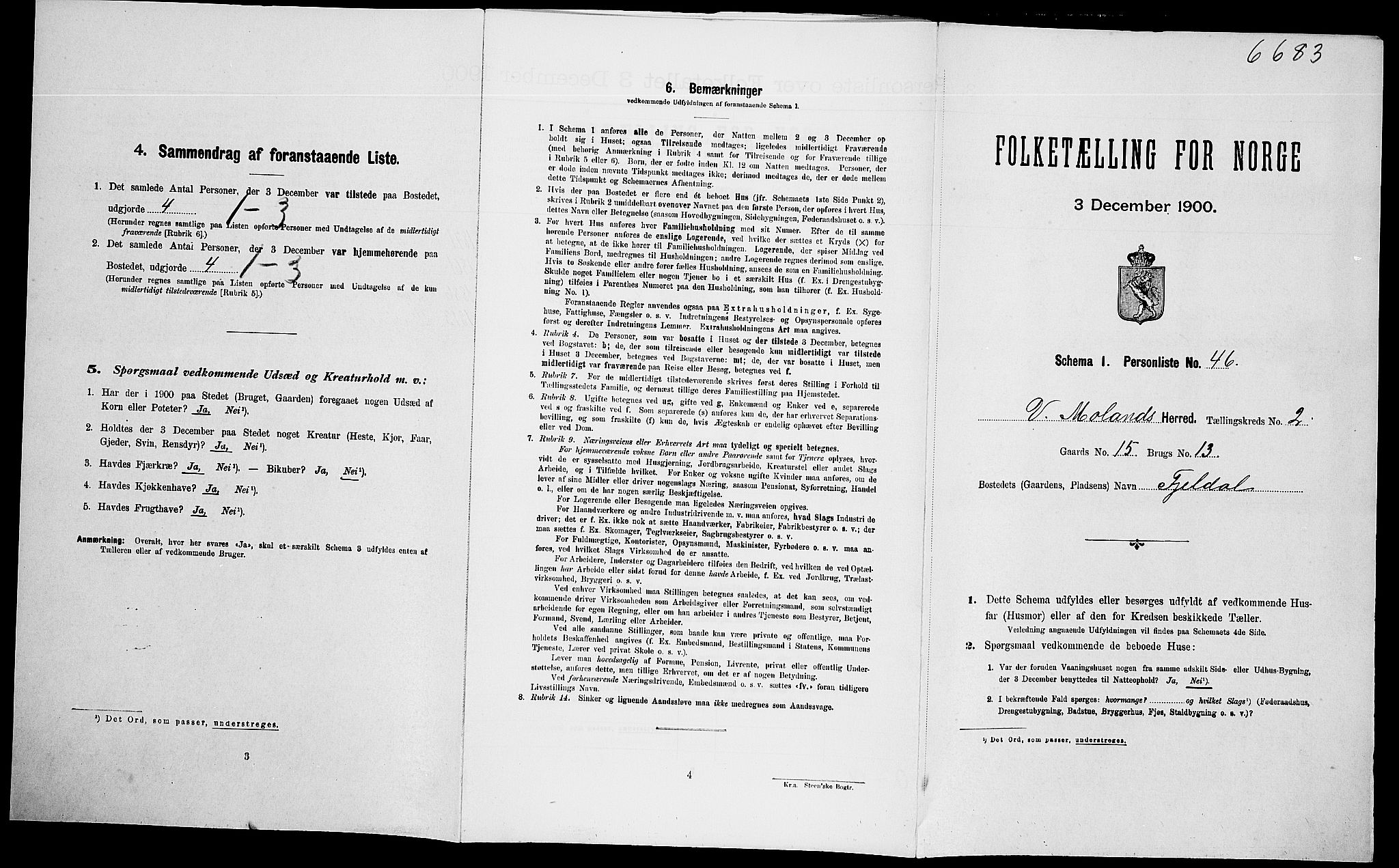 SAK, Folketelling 1900 for 0926 Vestre Moland herred, 1900, s. 326