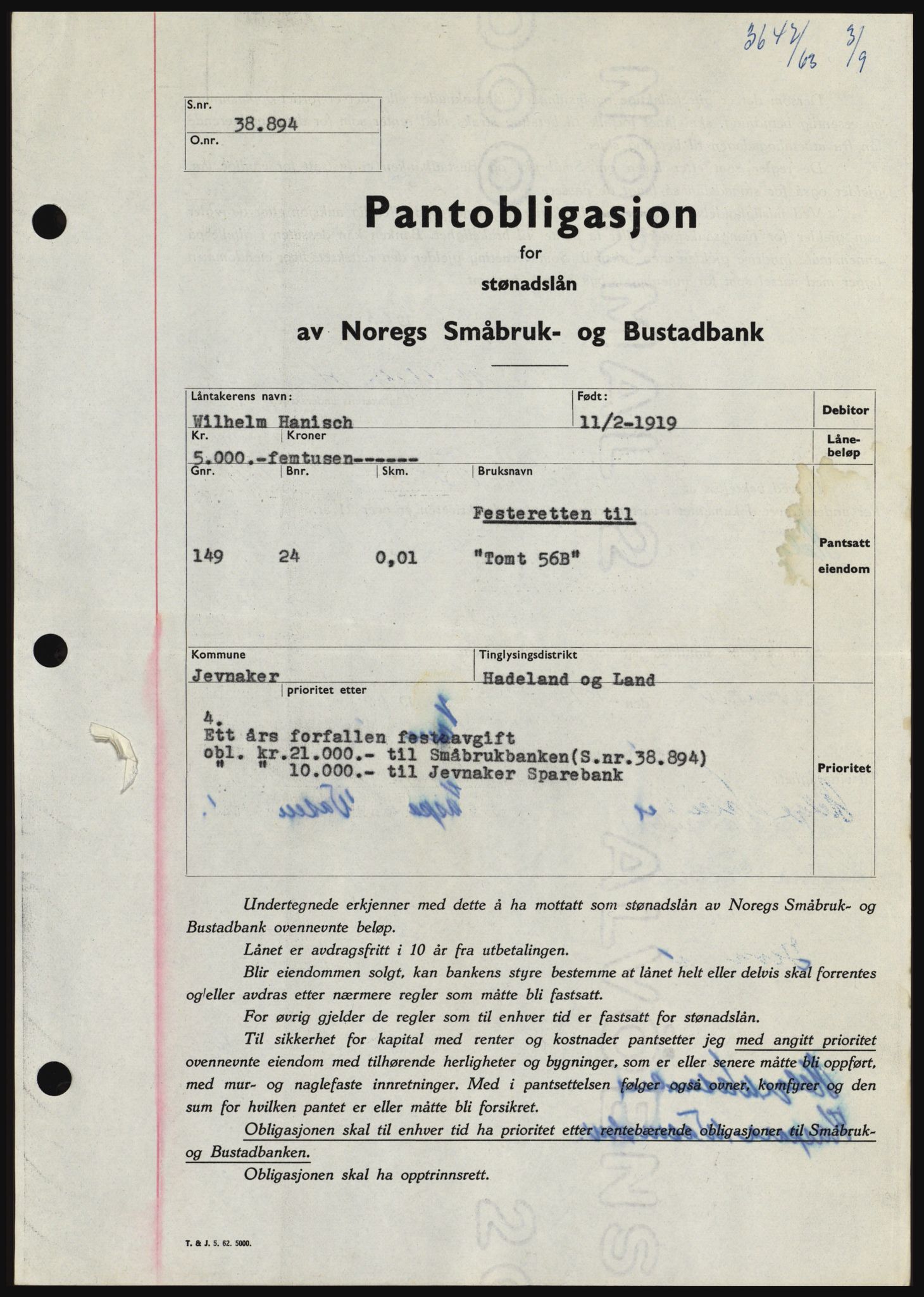 Hadeland og Land tingrett, SAH/TING-010/H/Hb/Hbc/L0052: Pantebok nr. B52, 1963-1963, Dagboknr: 3647/1963