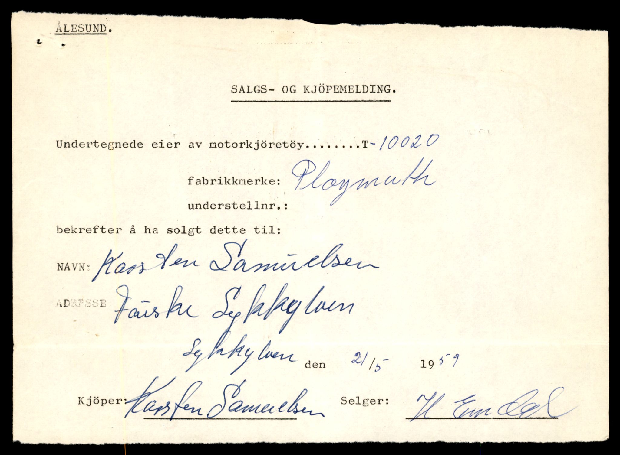 Møre og Romsdal vegkontor - Ålesund trafikkstasjon, SAT/A-4099/F/Fe/L0017: Registreringskort for kjøretøy T 1985 - T 10090, 1927-1998, s. 1591