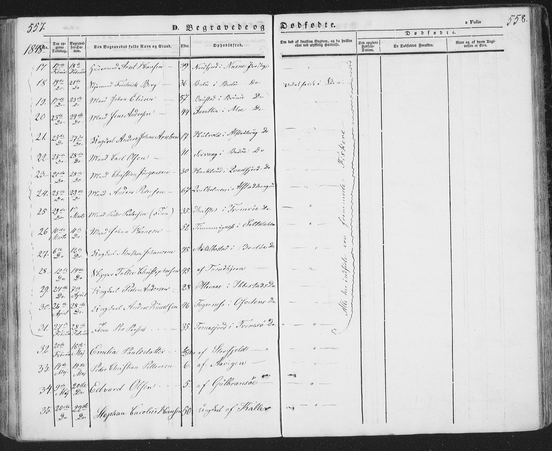 Ministerialprotokoller, klokkerbøker og fødselsregistre - Nordland, AV/SAT-A-1459/874/L1072: Klokkerbok nr. 874C01, 1843-1859, s. 557-558