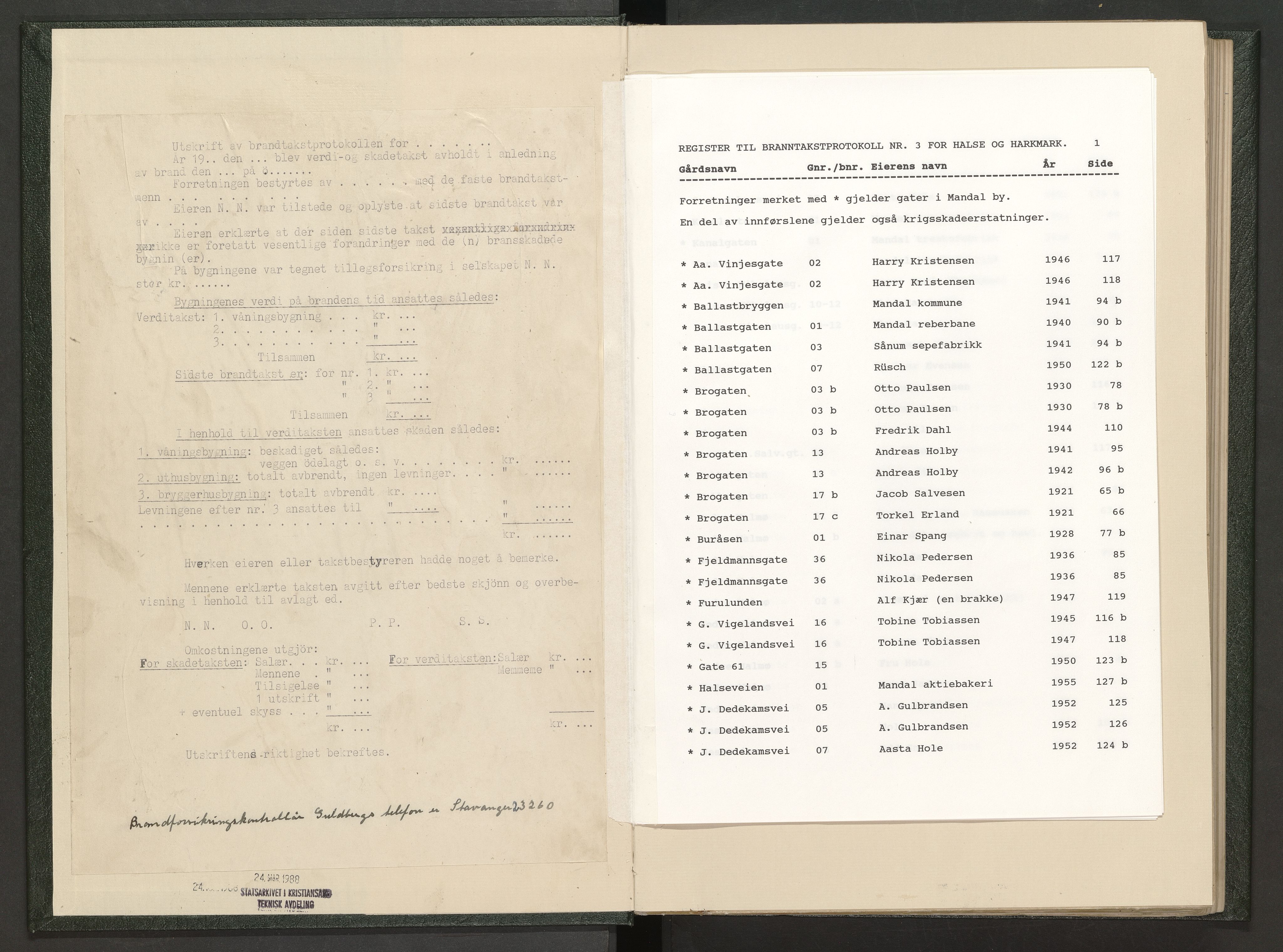 Norges Brannkasse Halse og Harkmark, AV/SAK-2241-0020/F/Fa/L0003: Branntakstprotokoll nr. 3 med gårdsnavnregister, 1895-1955