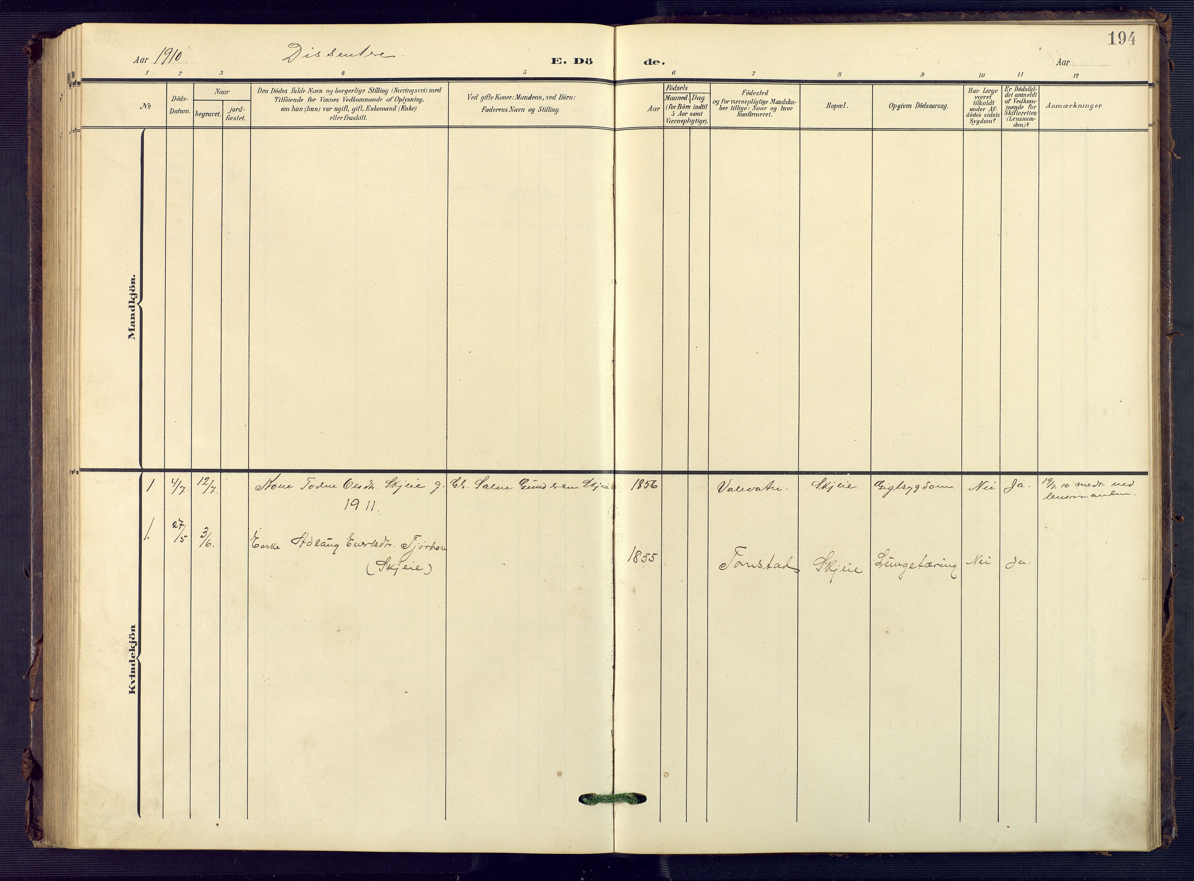 Sirdal sokneprestkontor, SAK/1111-0036/F/Fb/Fba/L0002: Klokkerbok nr. B 2, 1905-1958, s. 194