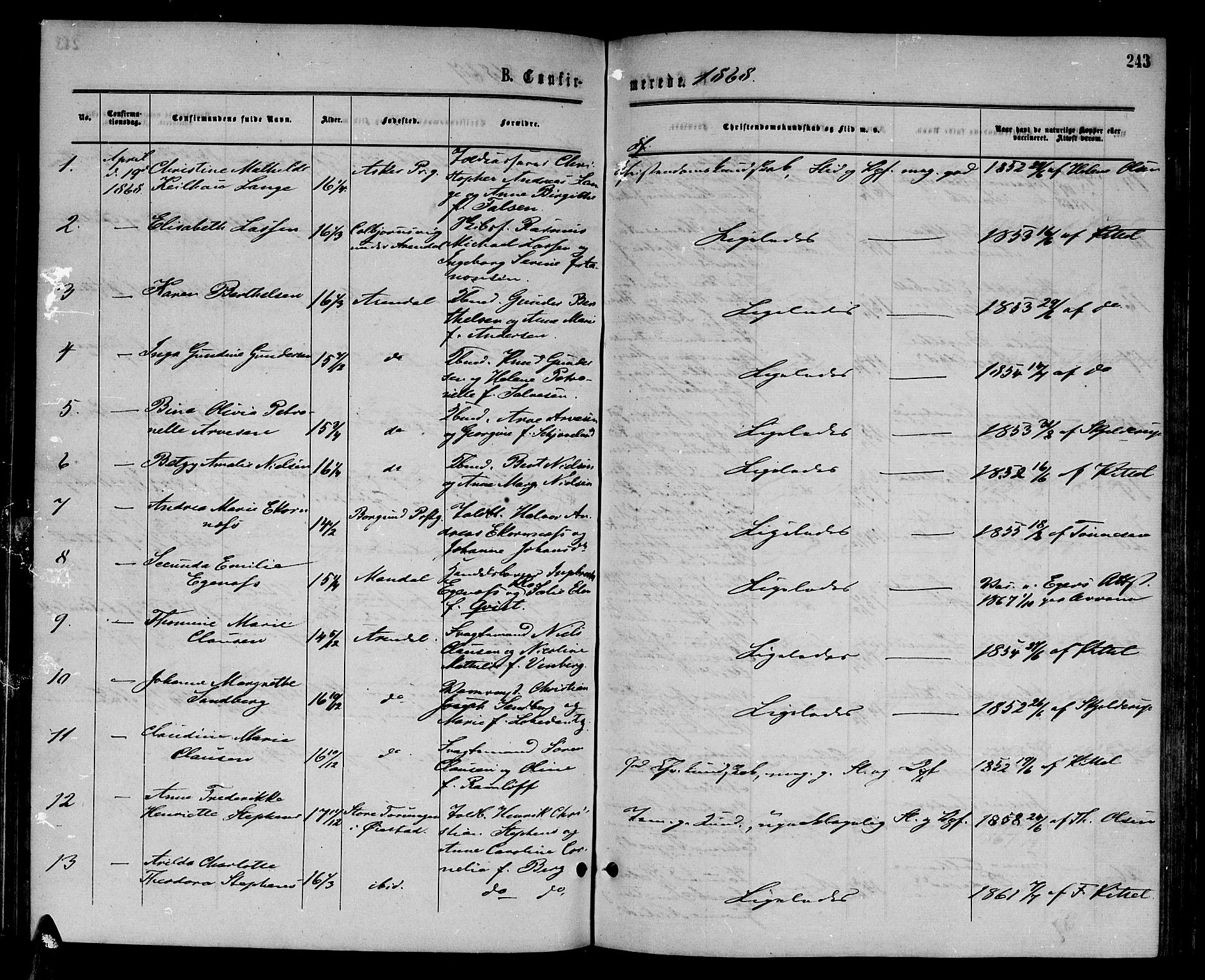 Arendal sokneprestkontor, Trefoldighet, AV/SAK-1111-0040/F/Fb/L0004: Klokkerbok nr. B 4, 1861-1873, s. 243