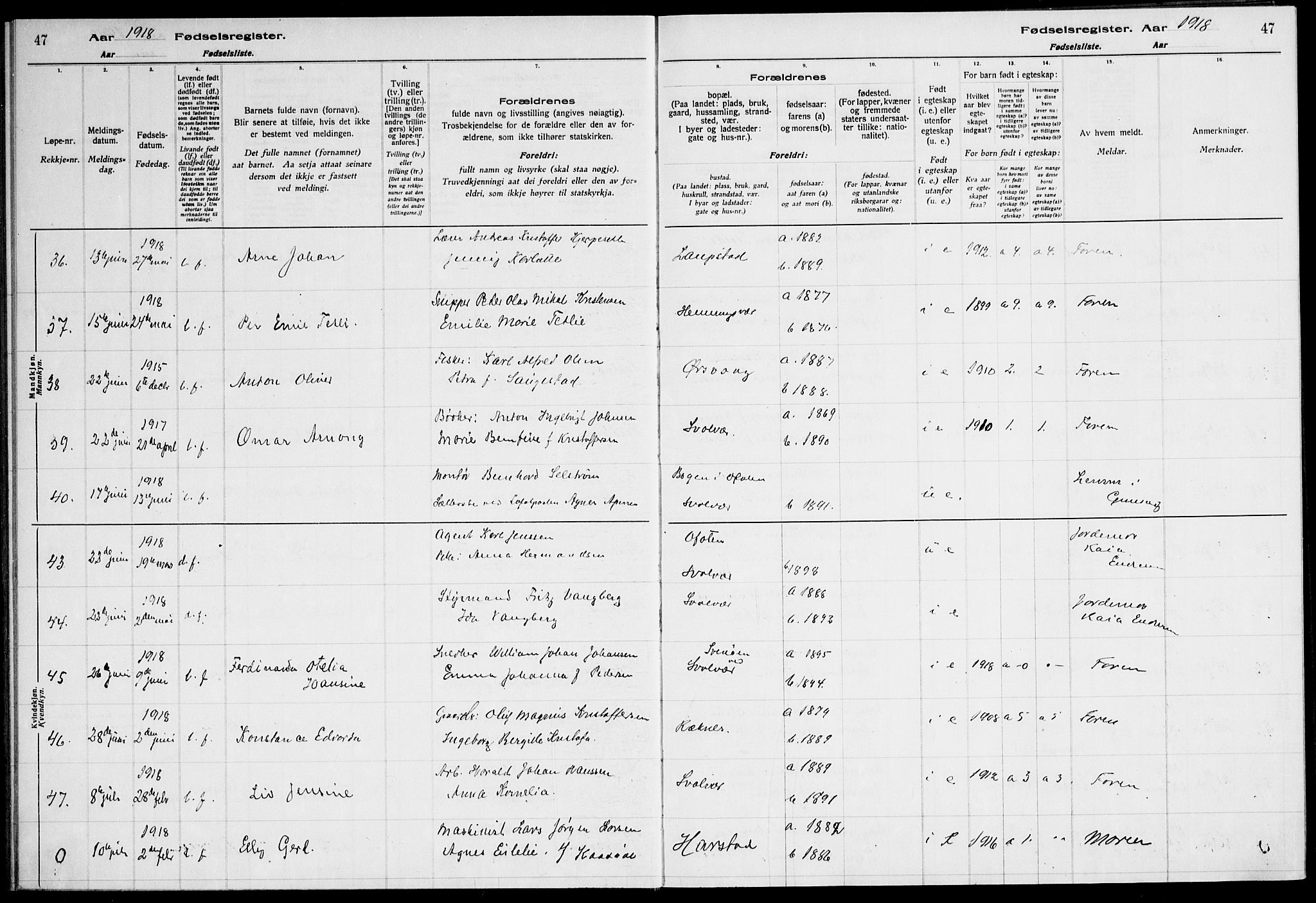 Ministerialprotokoller, klokkerbøker og fødselsregistre - Nordland, AV/SAT-A-1459/874/L1089: Fødselsregister nr. 874.II.4.1, 1916-1926, s. 47