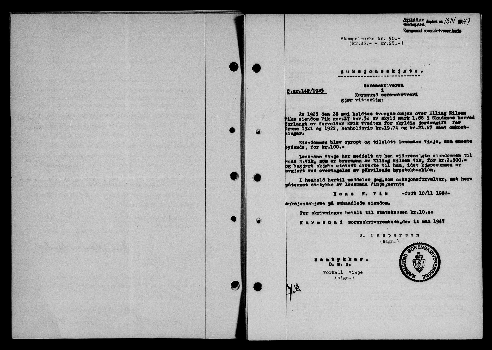 Karmsund sorenskriveri, SAST/A-100311/01/II/IIB/L0090: Pantebok nr. 70A, 1947-1947, Dagboknr: 1314/1947