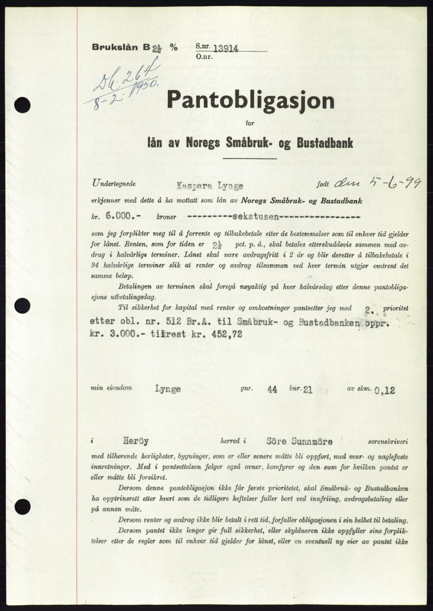 Søre Sunnmøre sorenskriveri, SAT/A-4122/1/2/2C/L0118: Pantebok nr. 6B, 1949-1950, Dagboknr: 264/1950