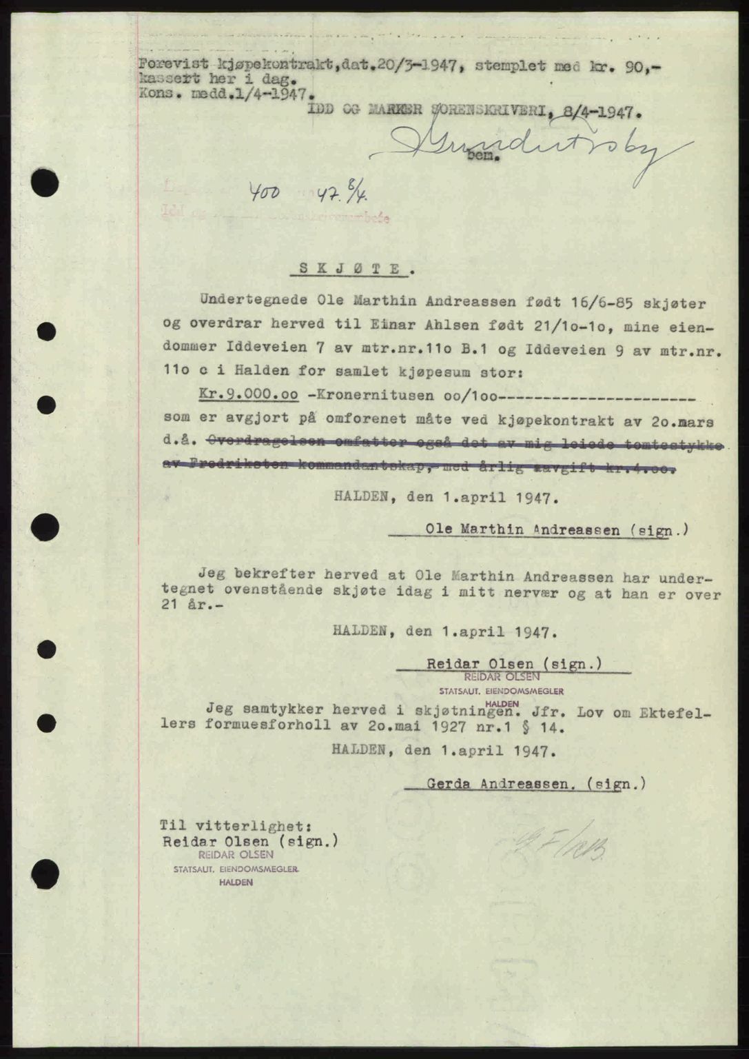 Idd og Marker sorenskriveri, SAO/A-10283/G/Gb/Gbb/L0009: Pantebok nr. A9, 1946-1947, Dagboknr: 400/1947