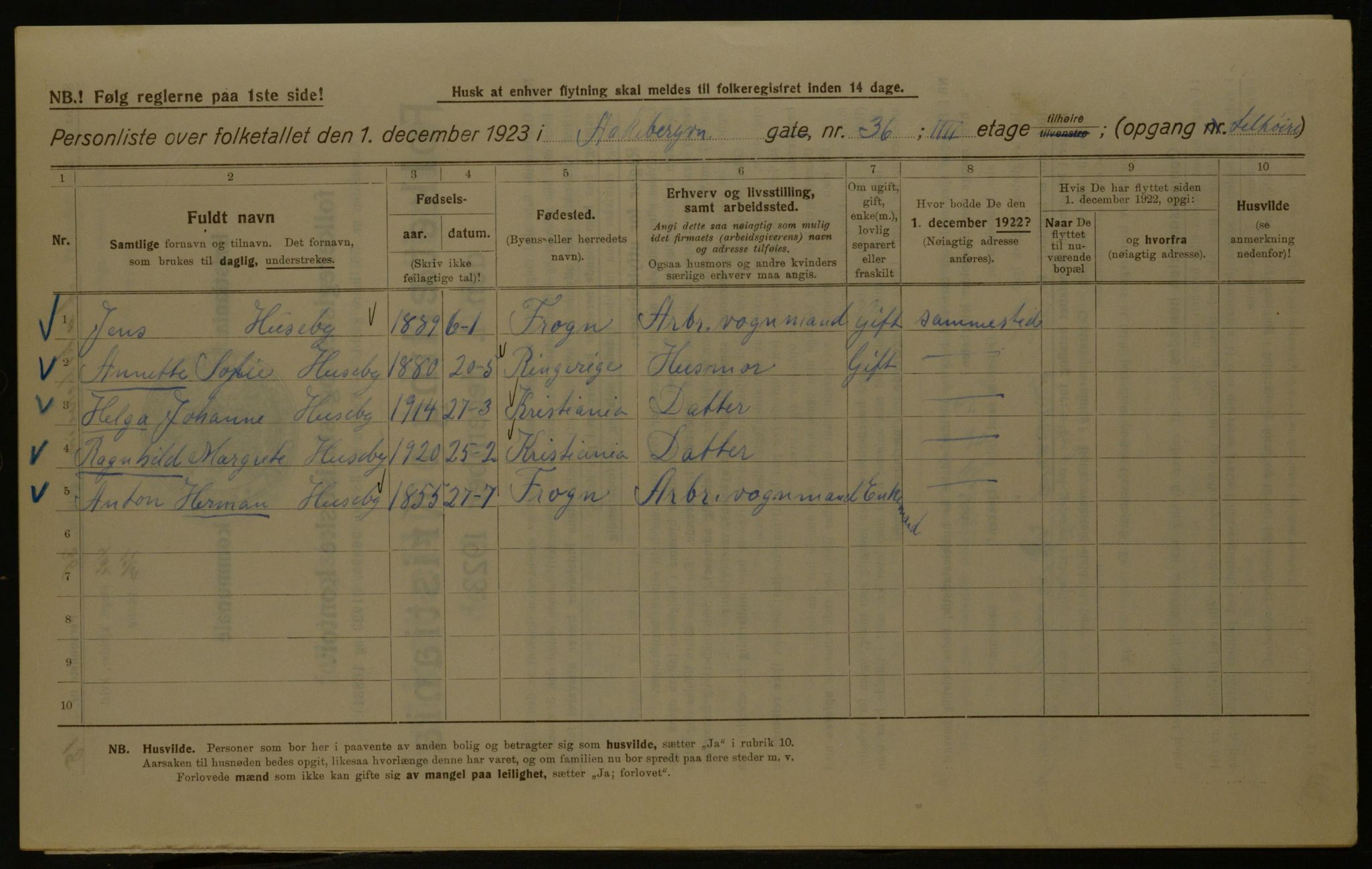 OBA, Kommunal folketelling 1.12.1923 for Kristiania, 1923, s. 143735