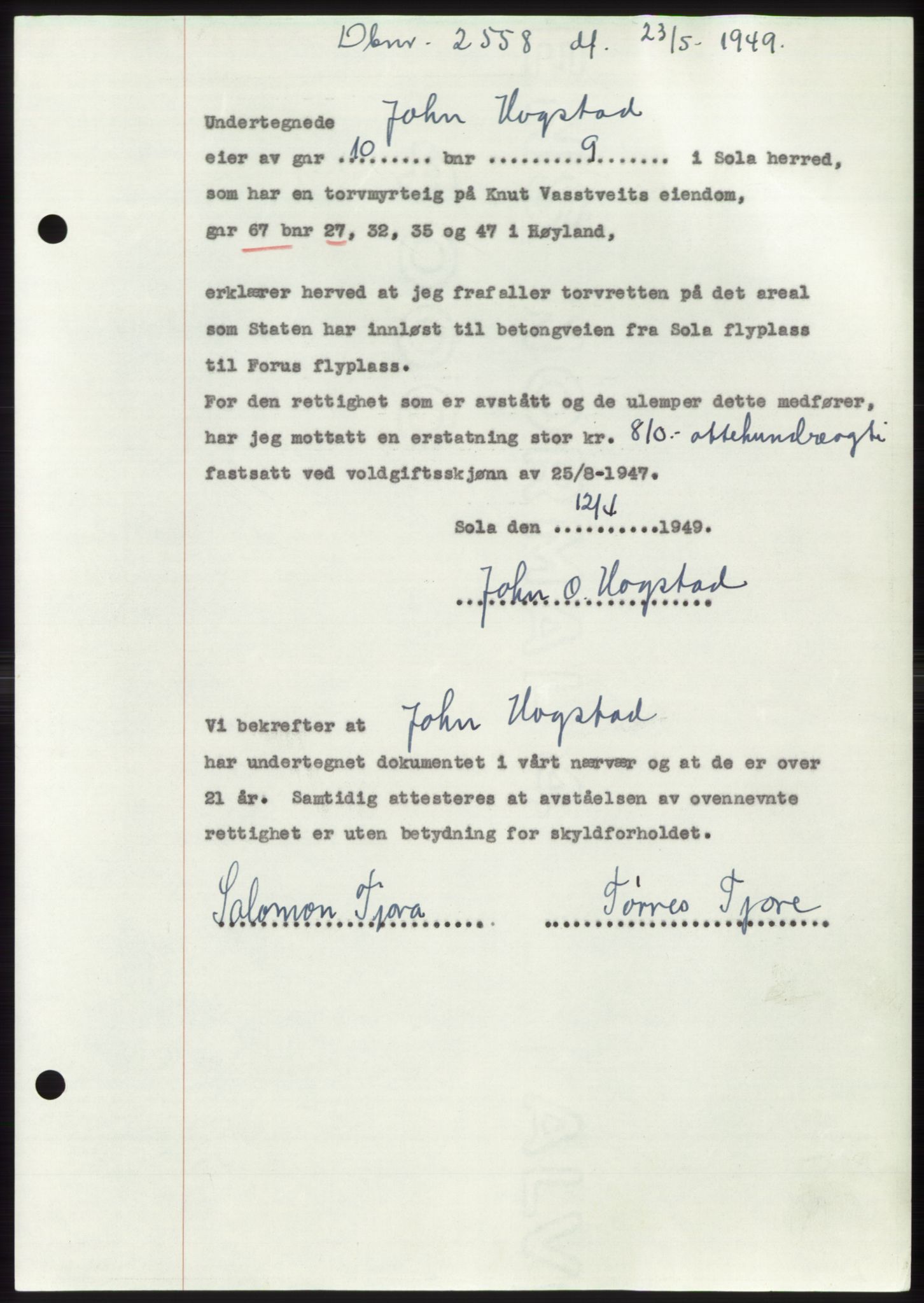 Jæren sorenskriveri, SAST/A-100310/03/G/Gba/L0102: Pantebok, 1949-1949, Dagboknr: 2558/1949