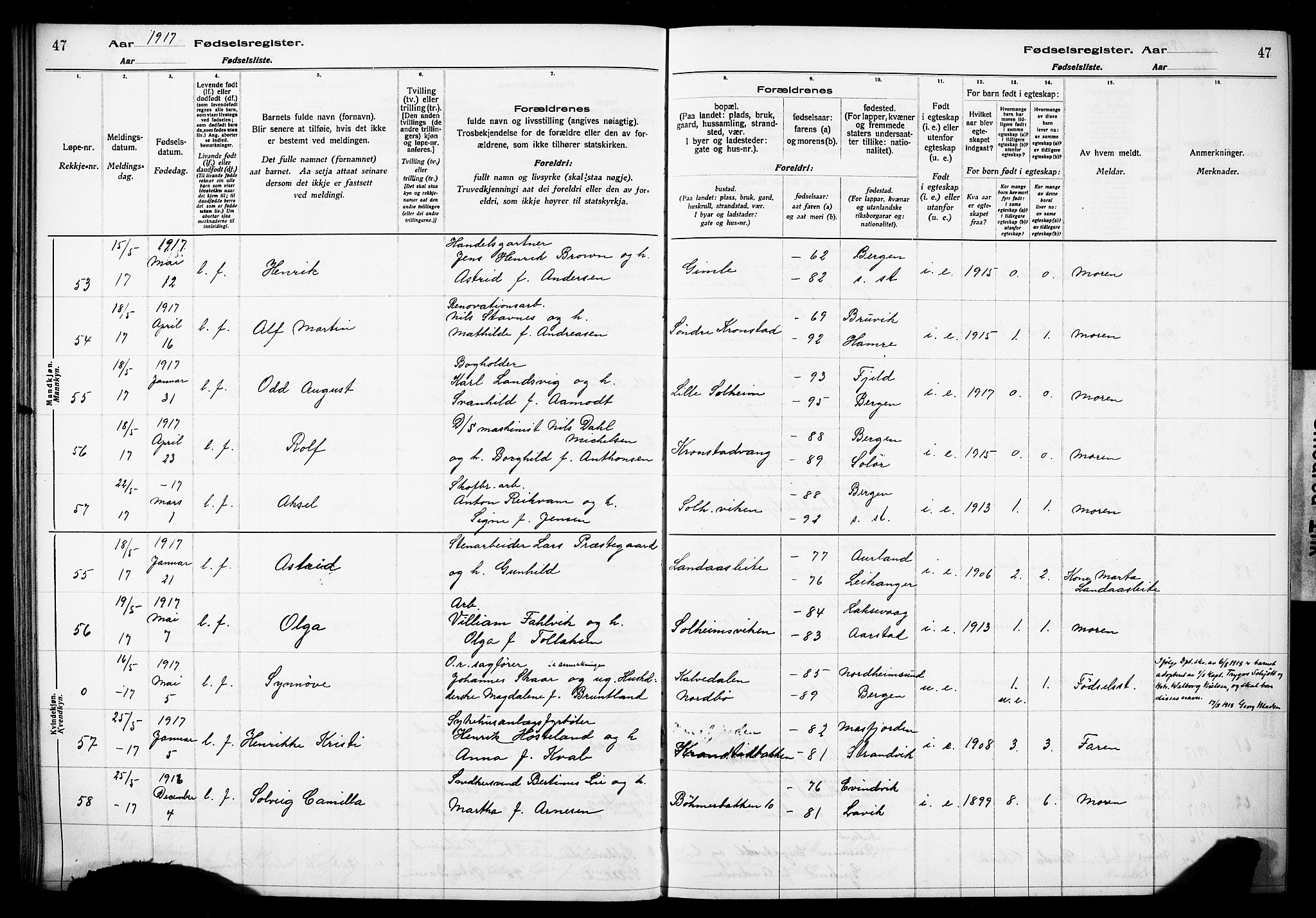 Årstad Sokneprestembete, AV/SAB-A-79301/I/Id/L0A01: Fødselsregister nr. A 1, 1916-1920, s. 47