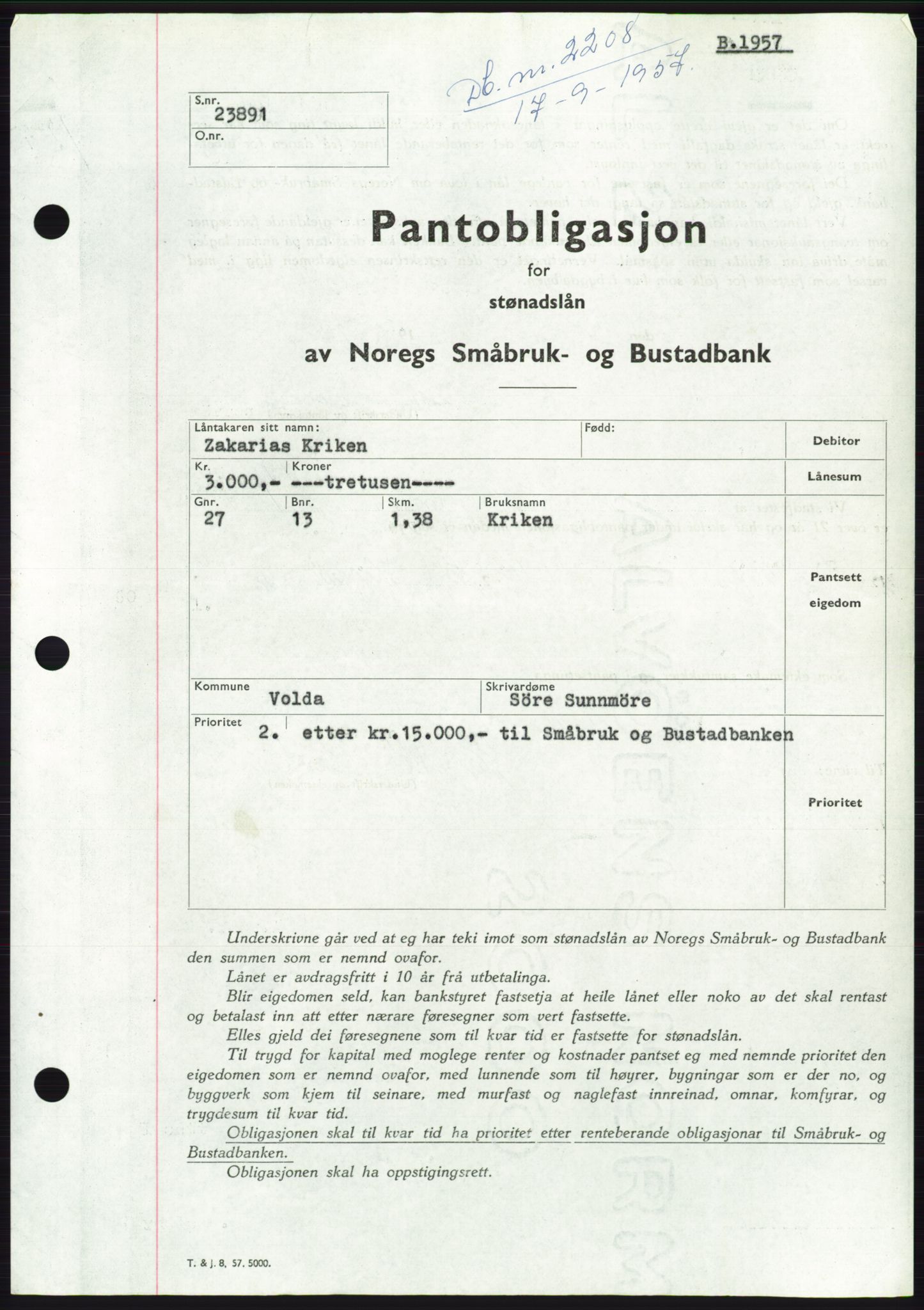 Søre Sunnmøre sorenskriveri, AV/SAT-A-4122/1/2/2C/L0130: Pantebok nr. 18B, 1957-1958, Dagboknr: 2208/1957