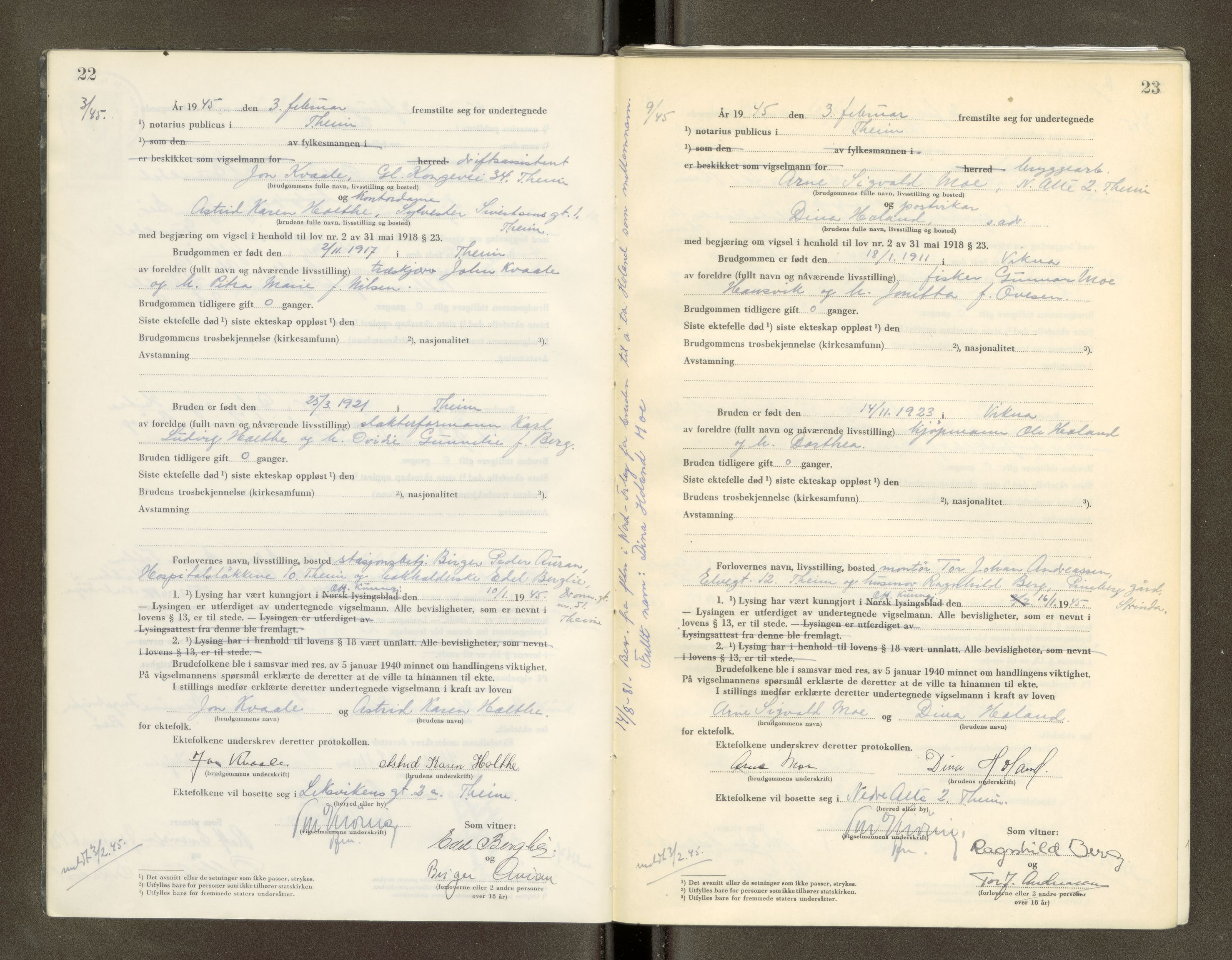 Trondheim byfogd, AV/SAT-A-0003/1/6/6D/L0005: Vigselbøker, 1944-1948, s. 22-23