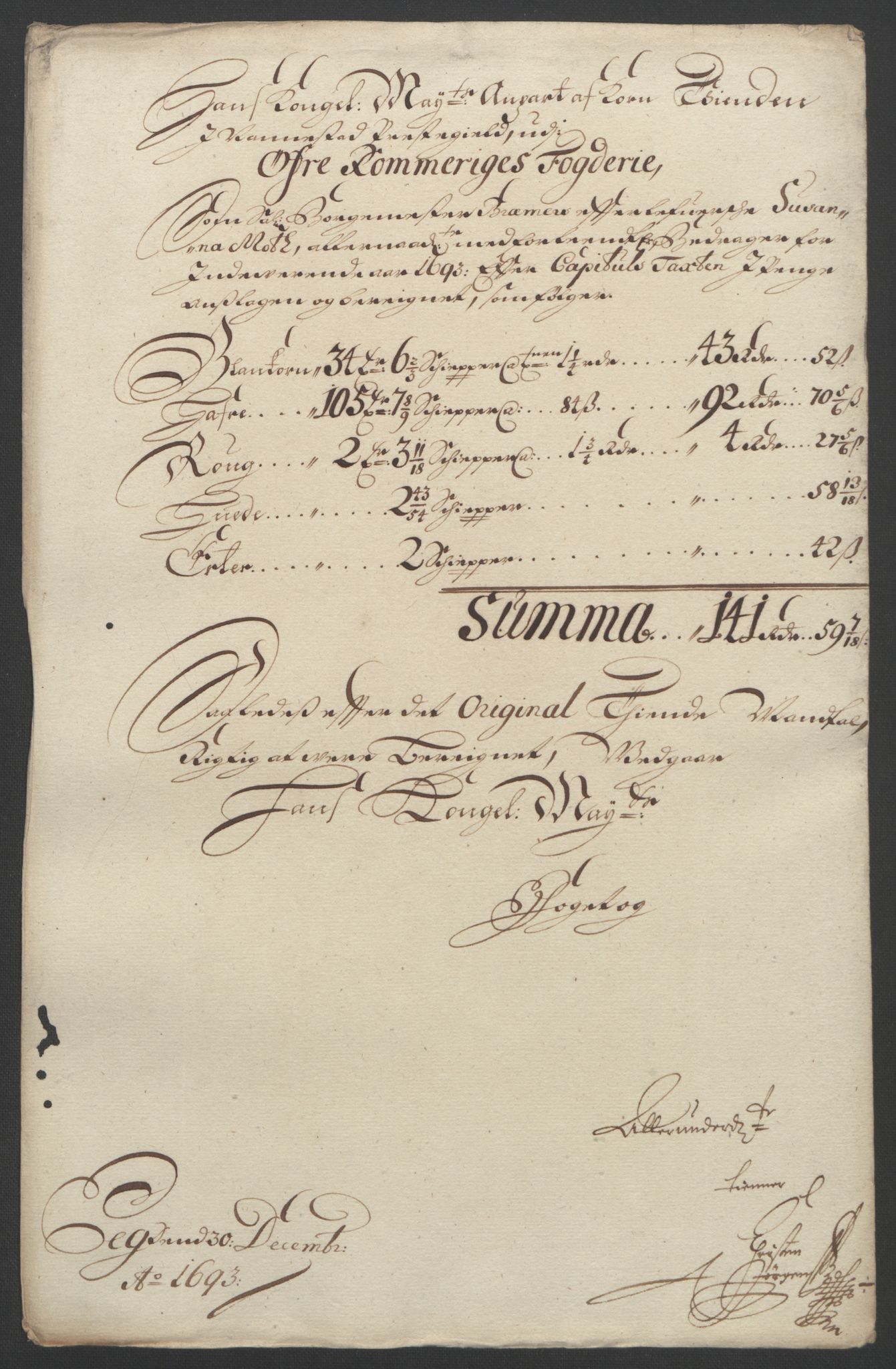 Rentekammeret inntil 1814, Reviderte regnskaper, Fogderegnskap, AV/RA-EA-4092/R12/L0705: Fogderegnskap Øvre Romerike, 1693, s. 72